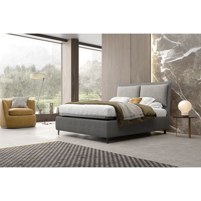 LETTO MATRIMONIALE CON CONTENITORE MOD. HOKO IN TESSUTO GRIGIO