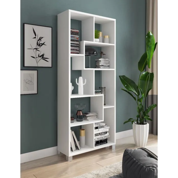 Kafka D11 Libreria A Zig Zag In Melamina - Design Moderno, 145x29x145 Cm - Colore Rovere E Bianco - 4 Ripiani + Asse Centrale - Per Soggiorno, Ufficio O Casa - copertina