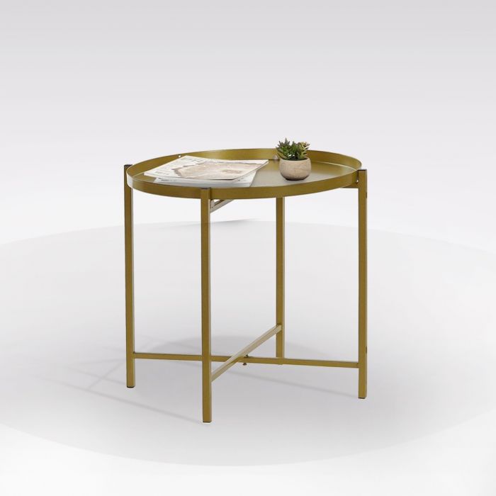 Tavolino Laterale Moderno In Metallo Con 2 Ripiani E Vassoio Rotondo - Struttura Nera, Per Soggiorno (74x39x71 Cm)