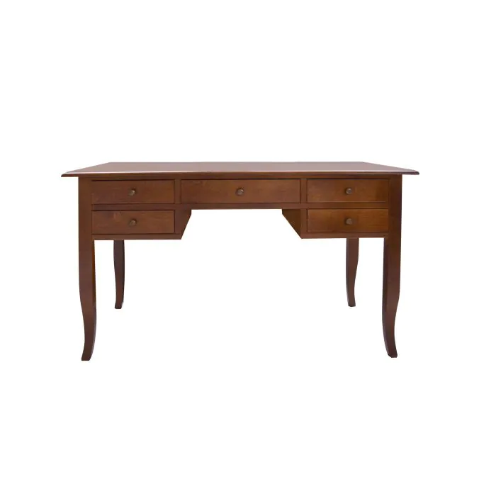 Scrivania Con Piano In Ecopelle, Arte Povera, In Legno Massello E Mdf Con Rifinitura In Noce Lucido