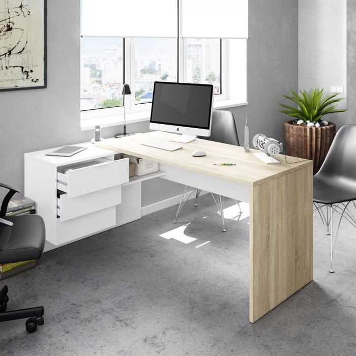 SCRIVANIA ANGOLO OFFICE ROVERE CANADIAN E BIANCO OPACO