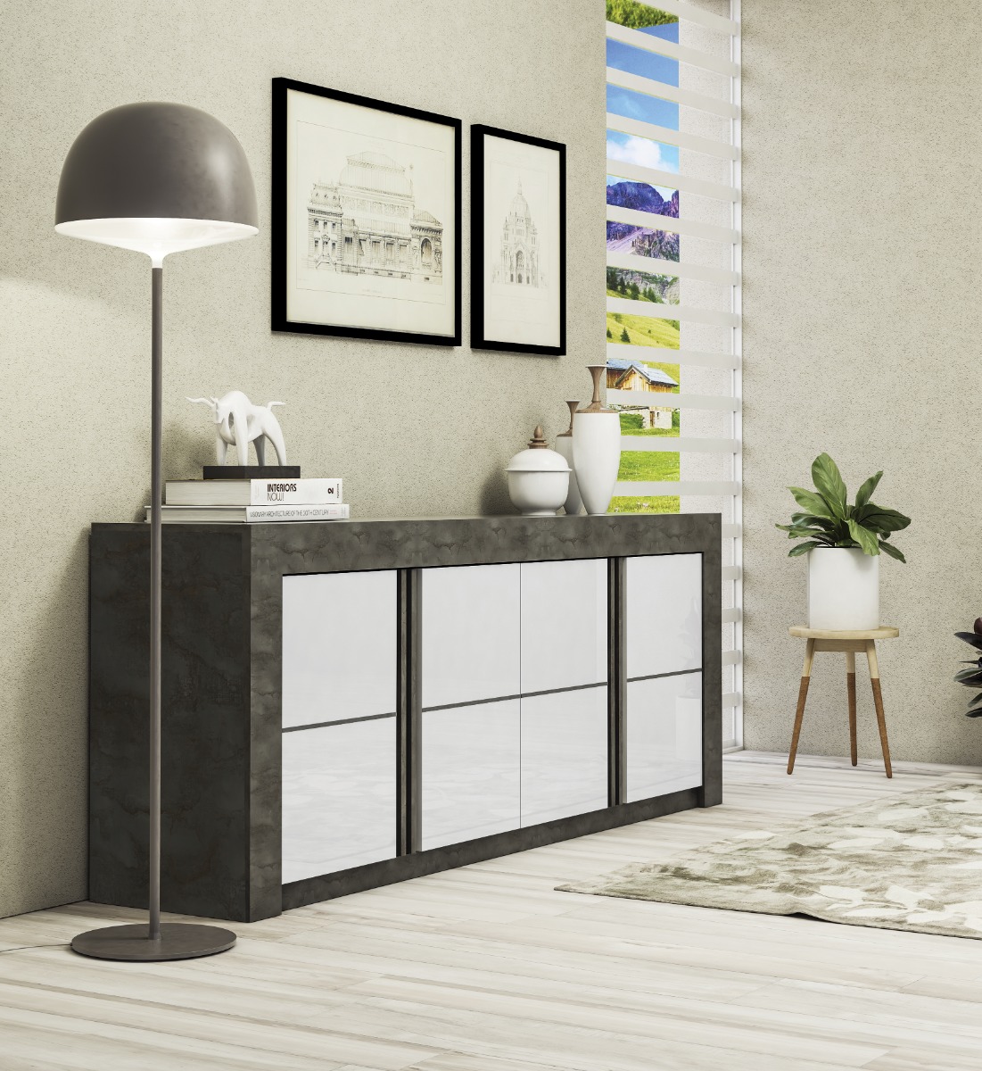 CREDENZA MOD. CAPRI CM 210X46 H. 86 ACCIAIO OSSIDO E BIANCO LUCIDO