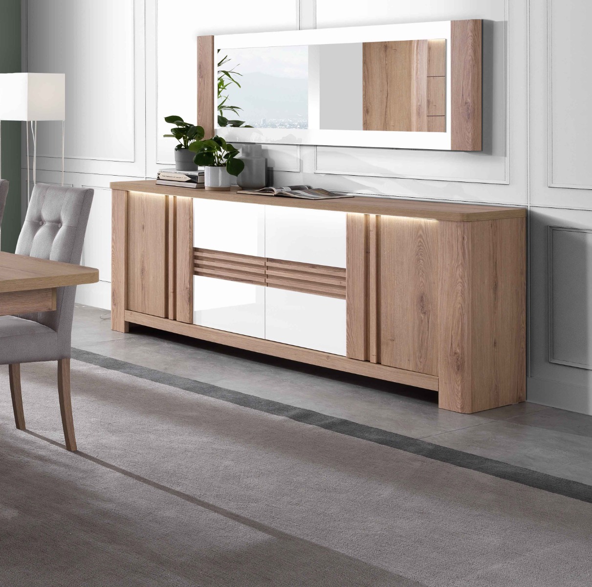 CONTROMOBILE MOD. PALAZZO CM 220X44.4 H. 85 ROVERE WELLINGTON E BIANCO LUCIDO