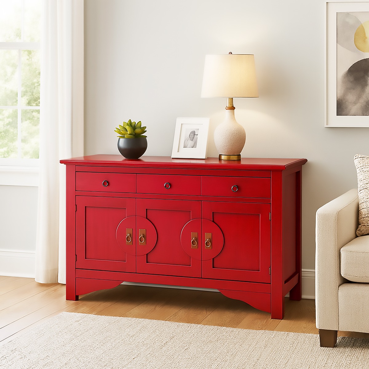 CREDENZA IN LEGNO MASSELLO CM 130X37 H. 84 ROSSO PATINATO