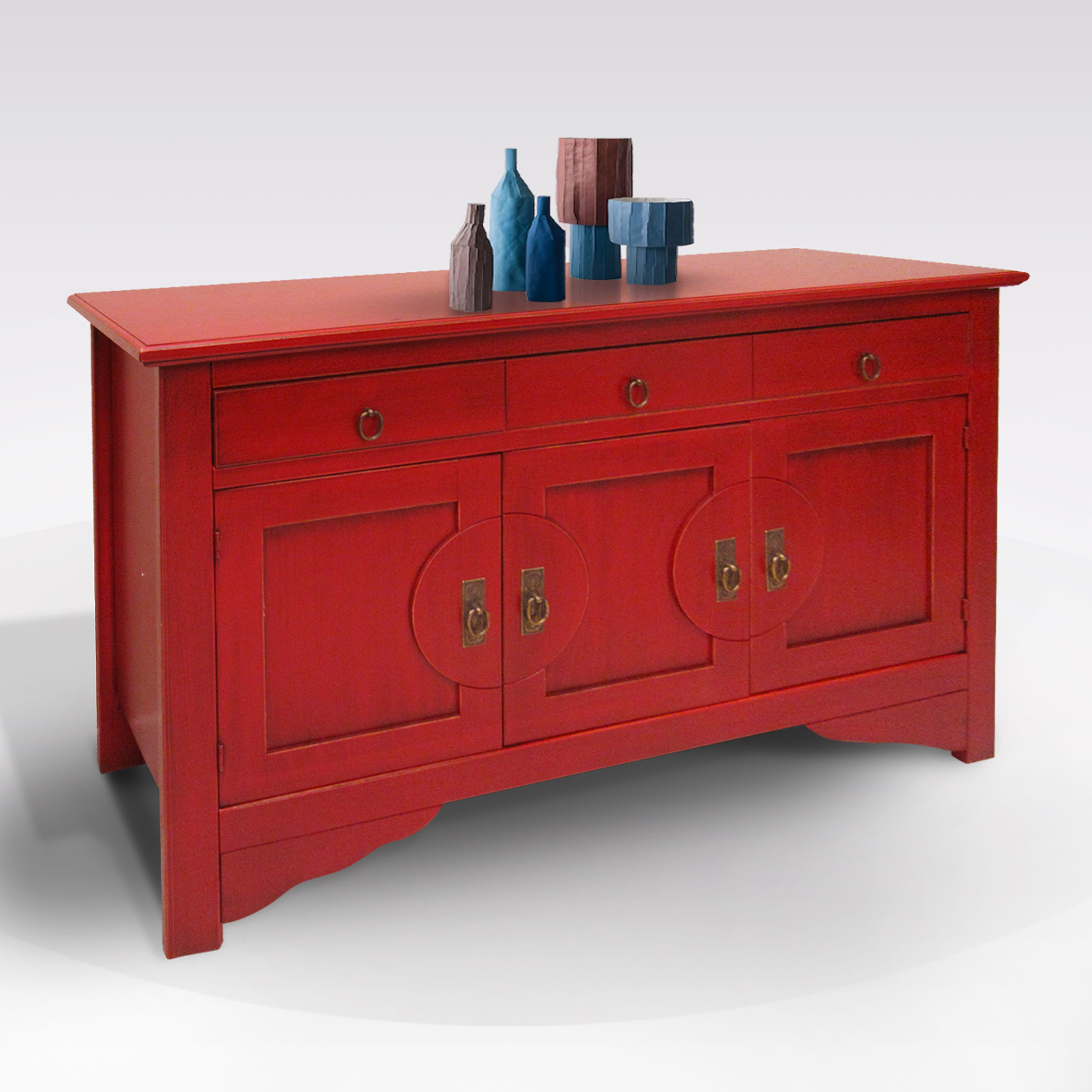 CREDENZA IN LEGNO MASSELLO CM 130X37 H. 84 ROSSO PATINATO