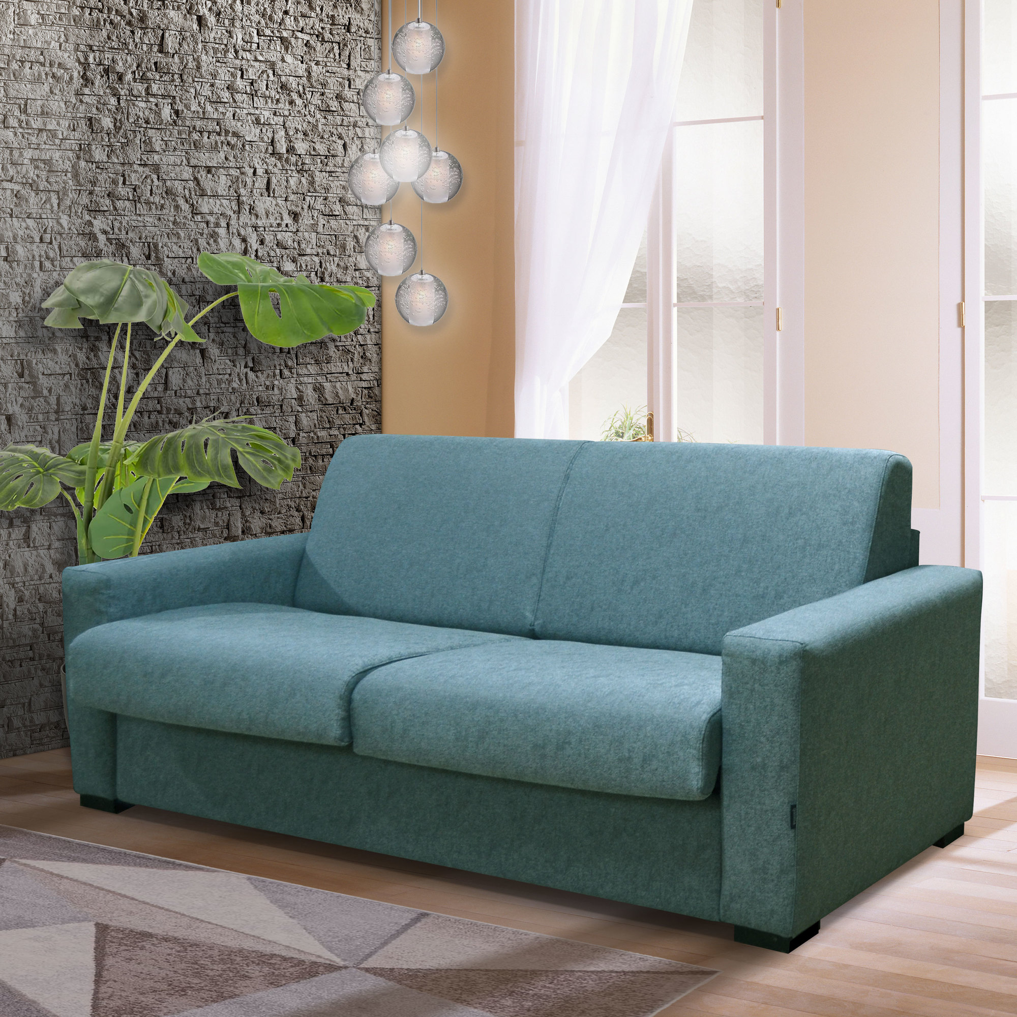 DIVANO LETTO CITY CM 195 CON RETE ELETTROSALDATA IN TESSUTO TURCHESE