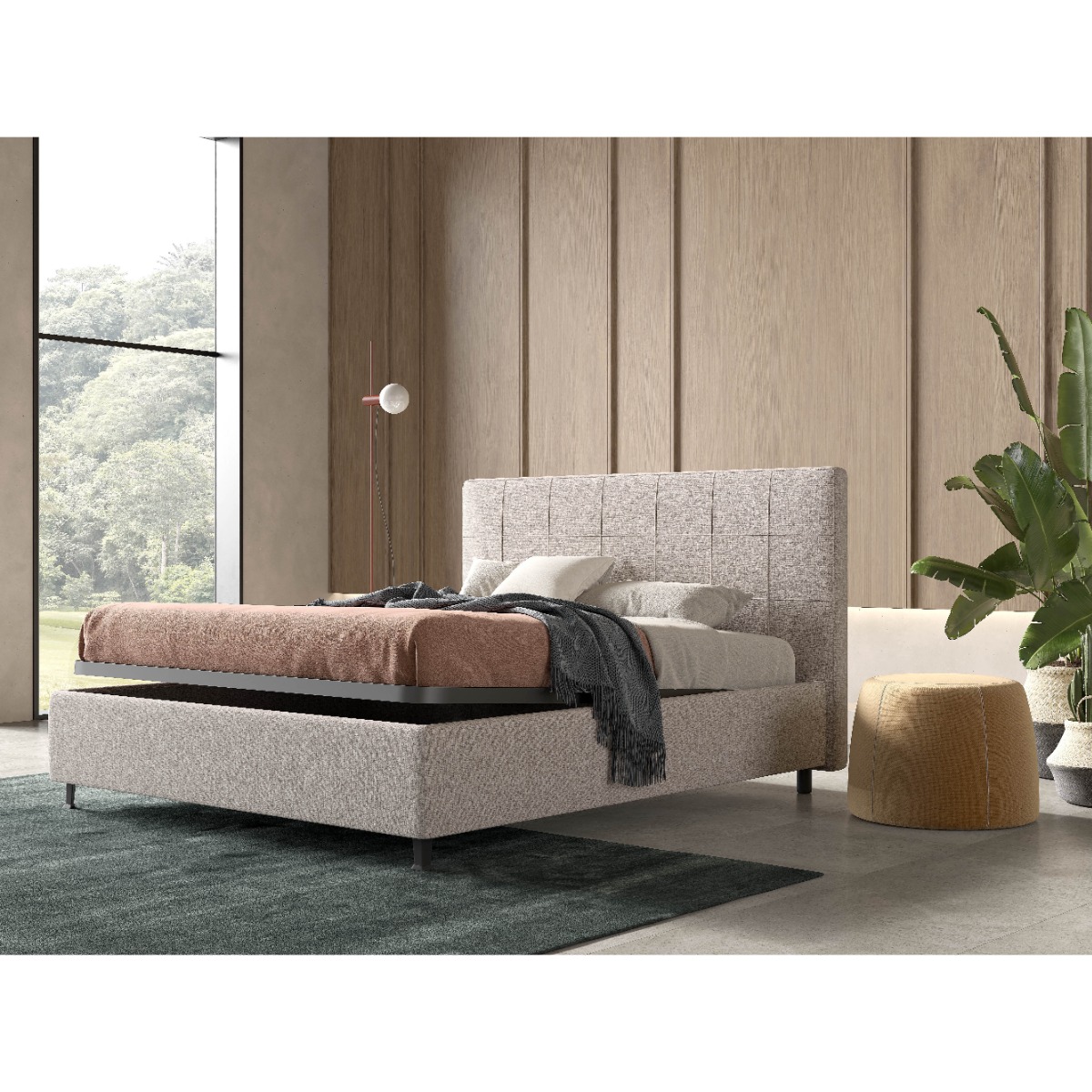 LETTO MATRIMONIALE CON CONTENITORE IN TESSUTO BEIGE
