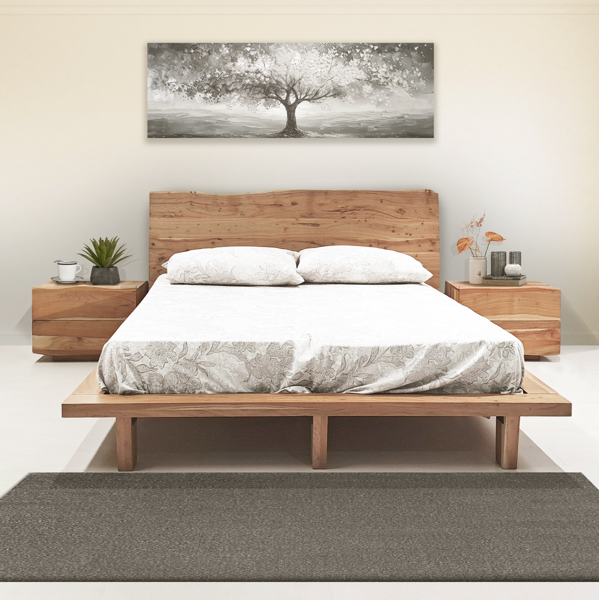 LETTO MATRIMONIALE CON GIROLETTO MOD. SPU-032 IN LEGNO DI ACACIA TINTA NATURALE