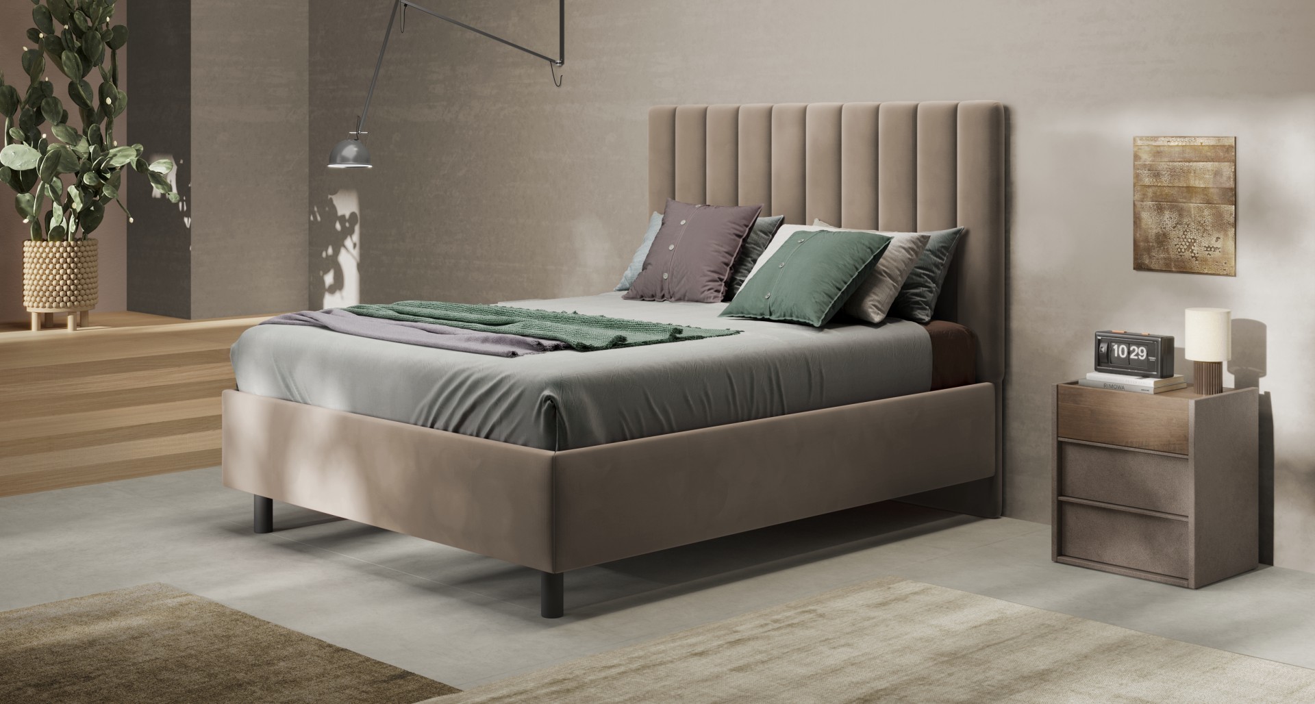 LETTO MATRIMONIALE CONTENITORE MOD. TEDDY IN VELLUTO SABBIA