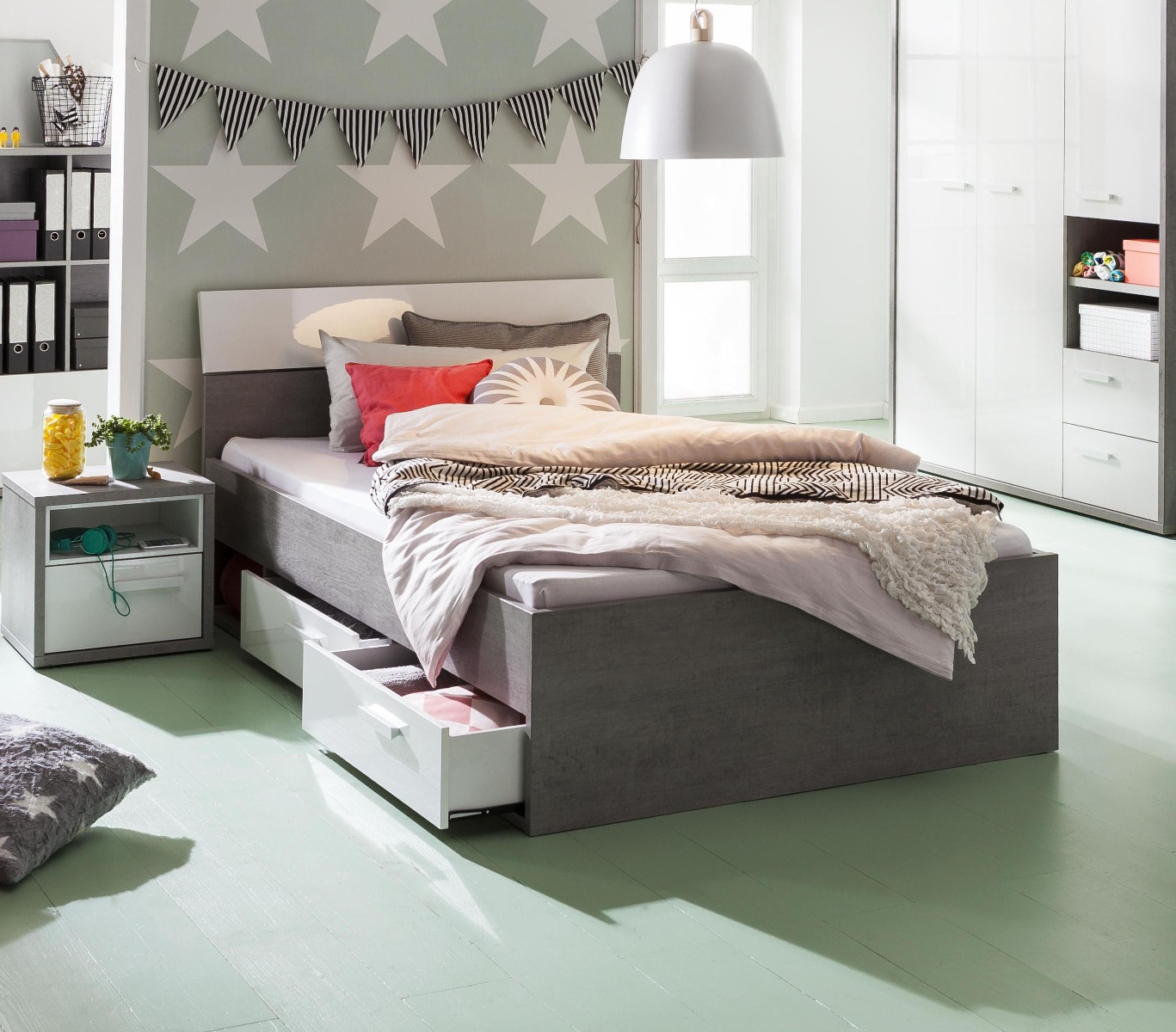 LETTO 1 PIAZZA E 1/2 CON GIROLETTO MOD. MIPIACE CEMENTO E BIANCO LUCIDO
