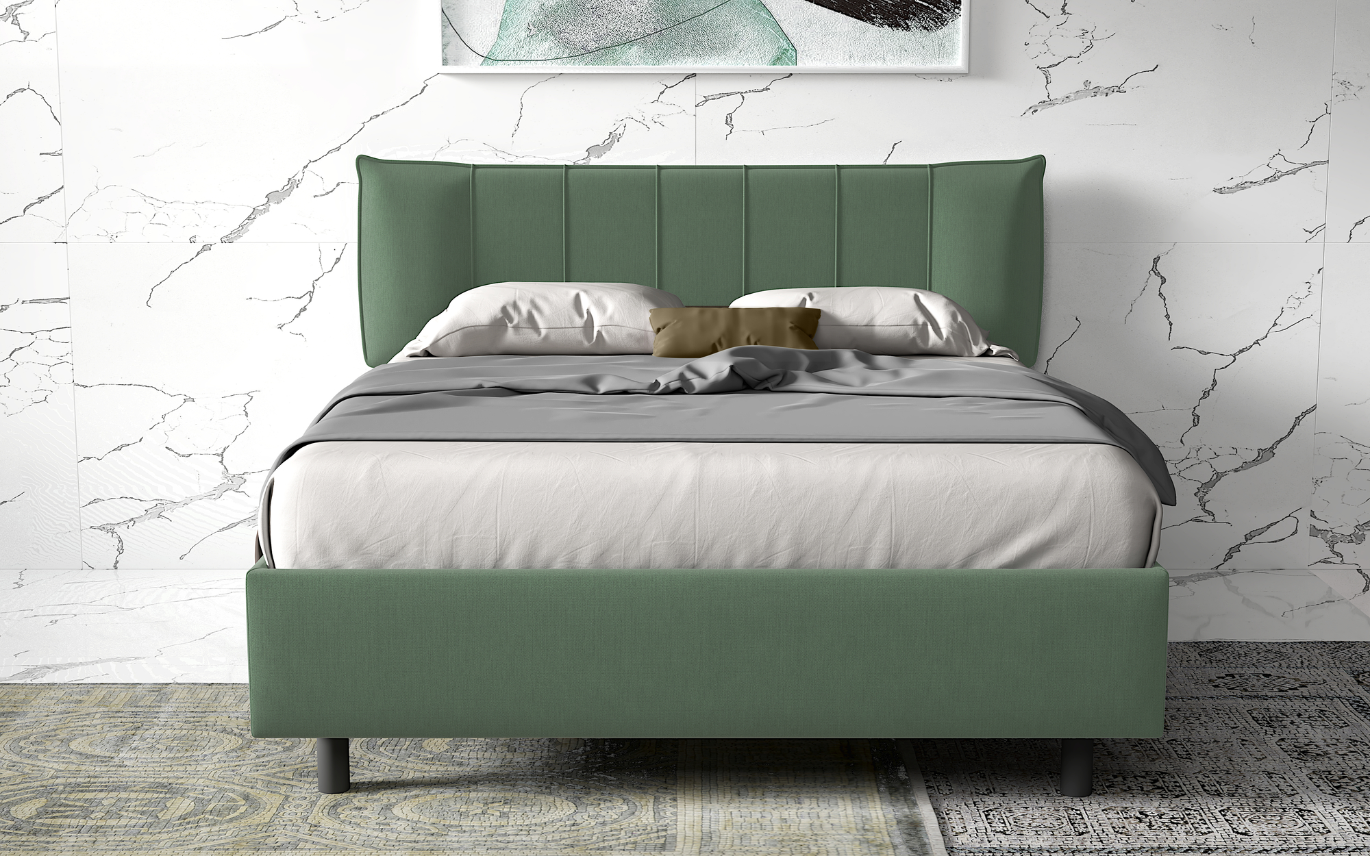 LETTO MATRIMONIALE CONTENITORE MOD. HUG TESSUTO VERDE SALVIA