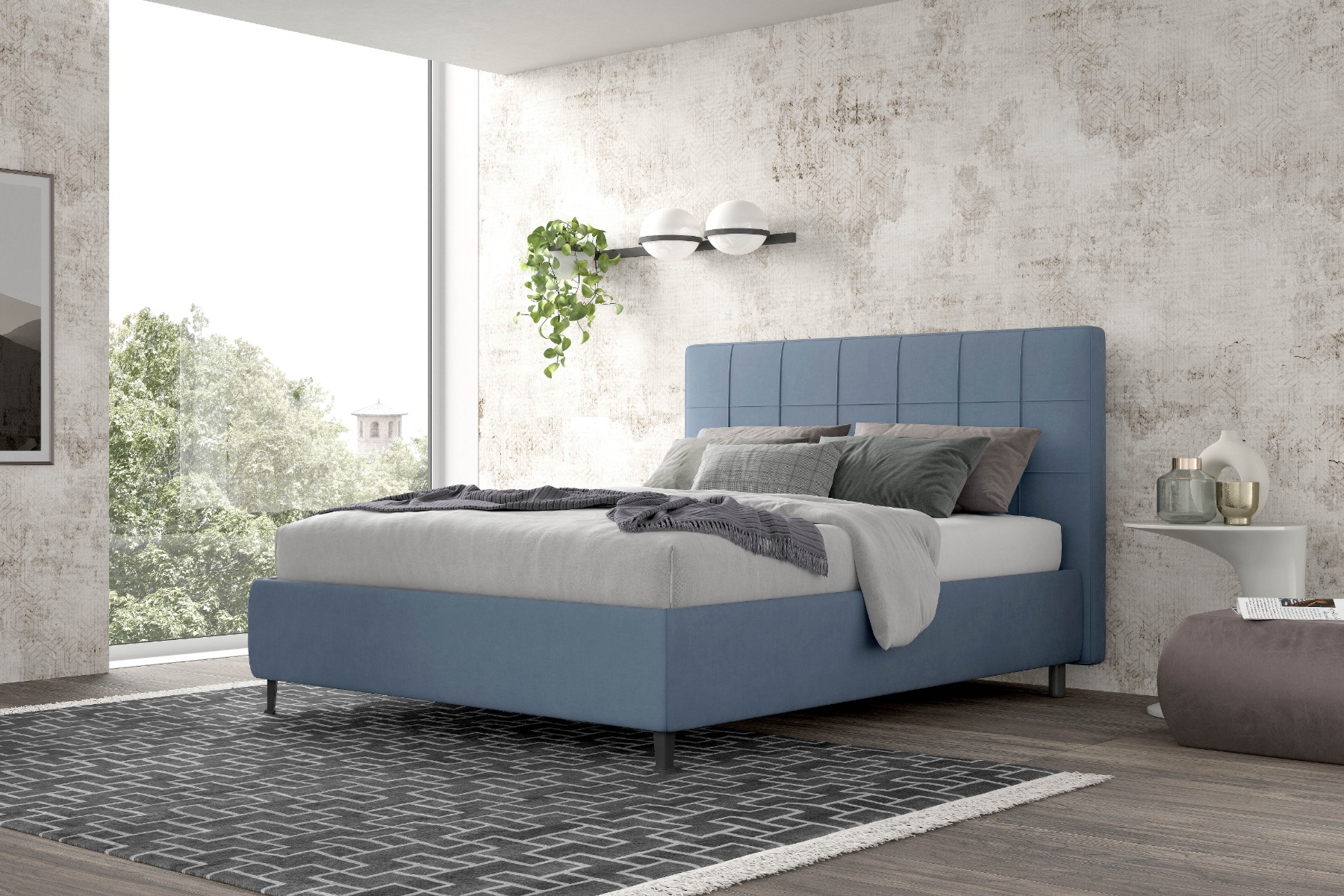 LETTO MATRIMONIALE CONTENITORE IN TESSUTO AZZURRO