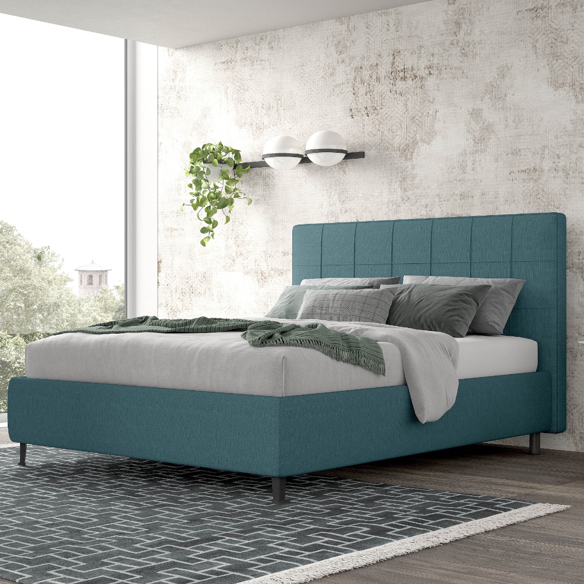 LETTO MATRIMONIALE CONTENITORE IN TESSUTO TURCHESE