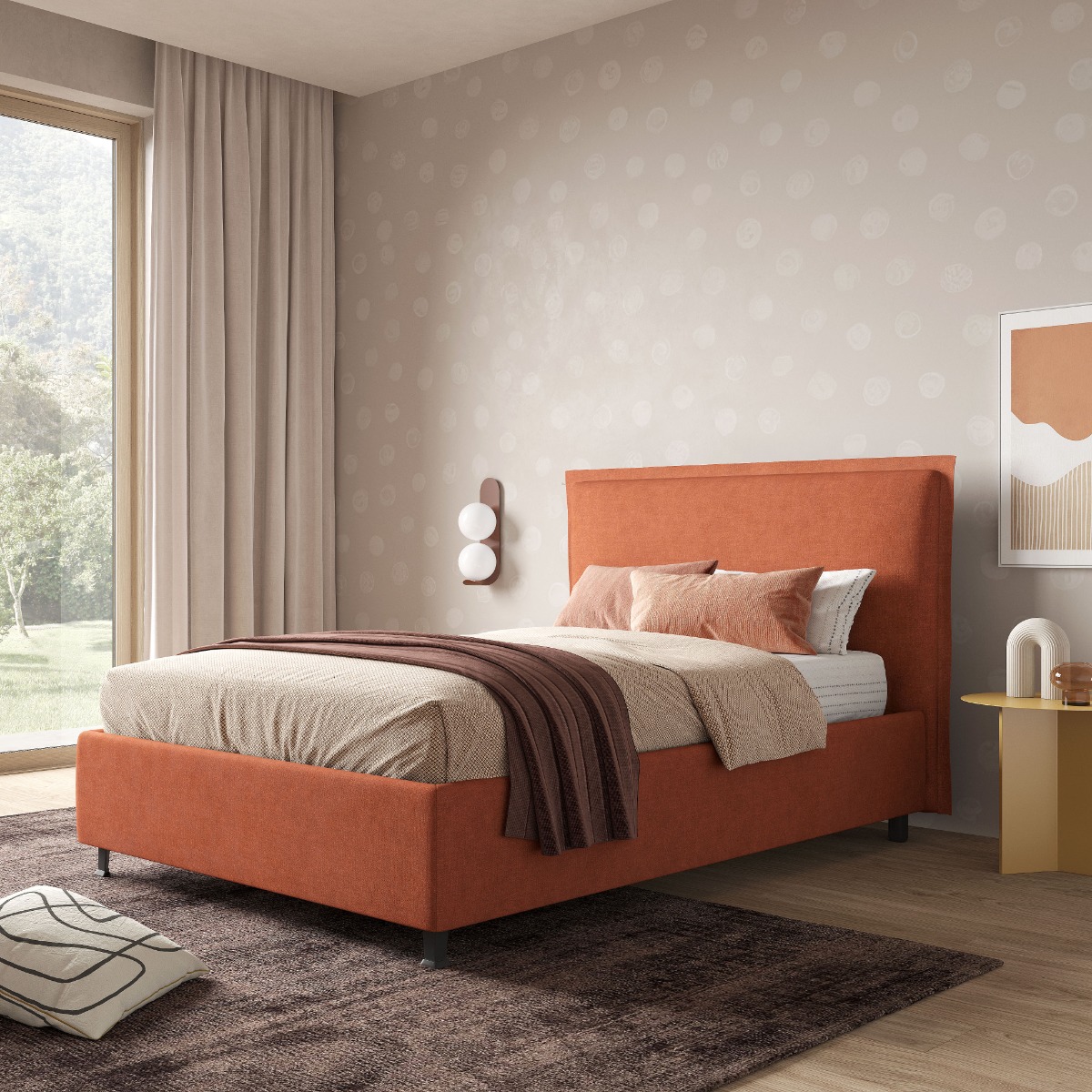 LETTO CONTENITORE 1 PIAZZA E 1/2 IN TESSUTO ARANCIO