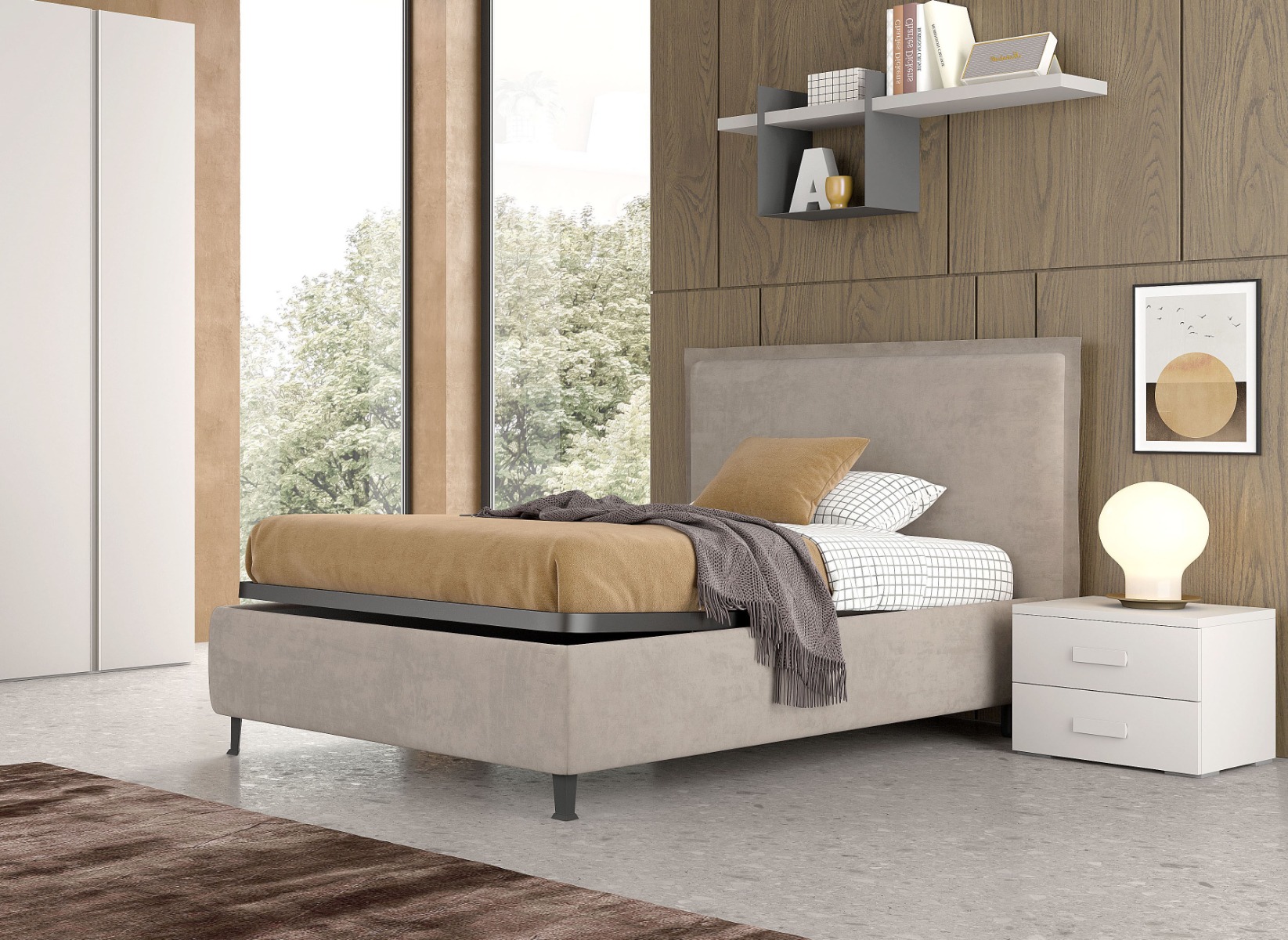 LETTO 1 PIAZZA E MEZZA CONTENITORE IN TESSUTO BEIGE