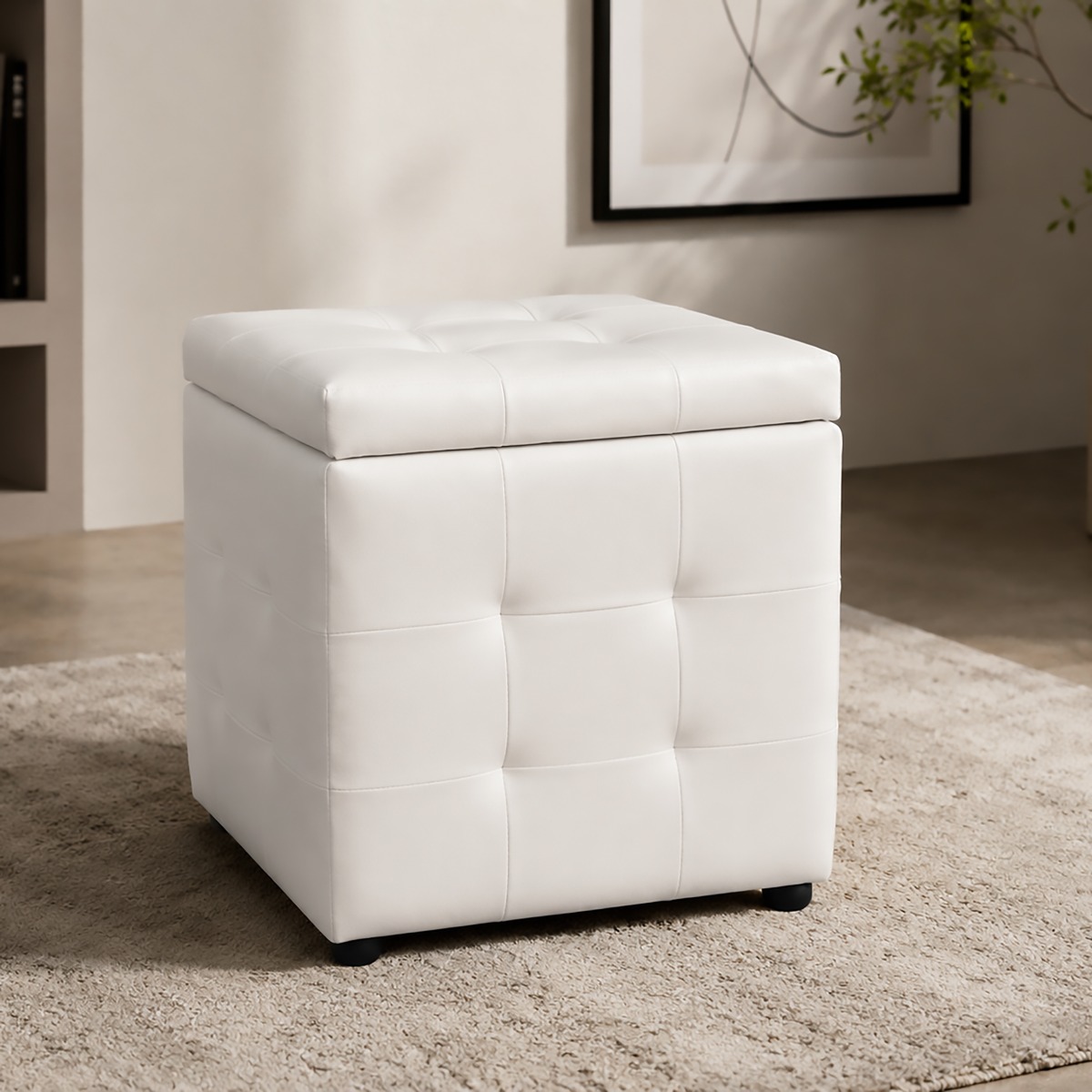 POUF CONTENITORE CM 45X45 H. 46.5 IN ECOPELLE BIANCO 