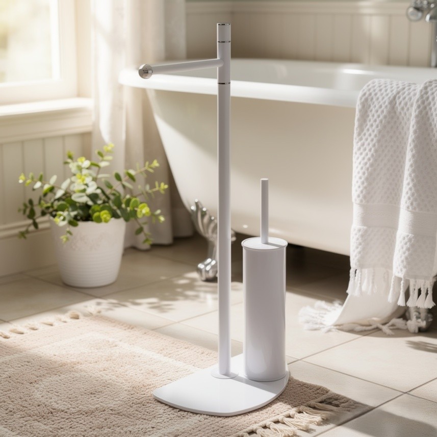LINEA SEMPIONE - PIANTANA PORTA ROTOLO E PORTA SCOPINO BIANCO OPACO