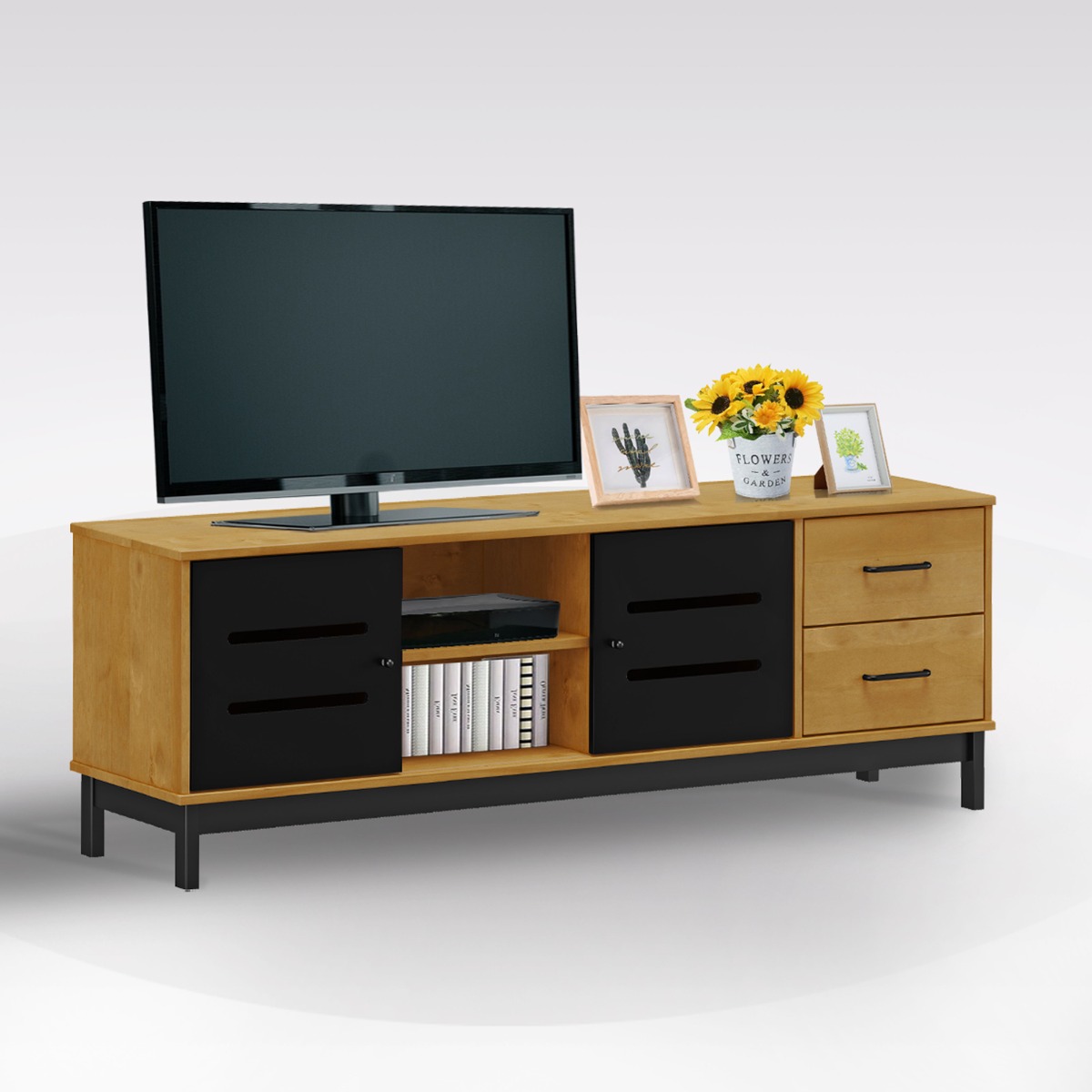 PORTA TV IN LEGNO MASSELLO CM 160X38 H. 56.6 QUERCIA E PARTICOLARI NERI