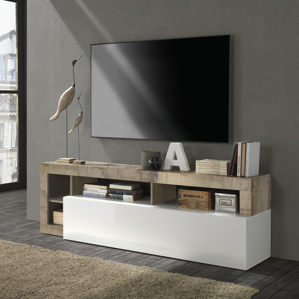 PORTA TV MOD. HAMBURG CM 184X42 H. 58 BIANCO LUCIDO E PERO