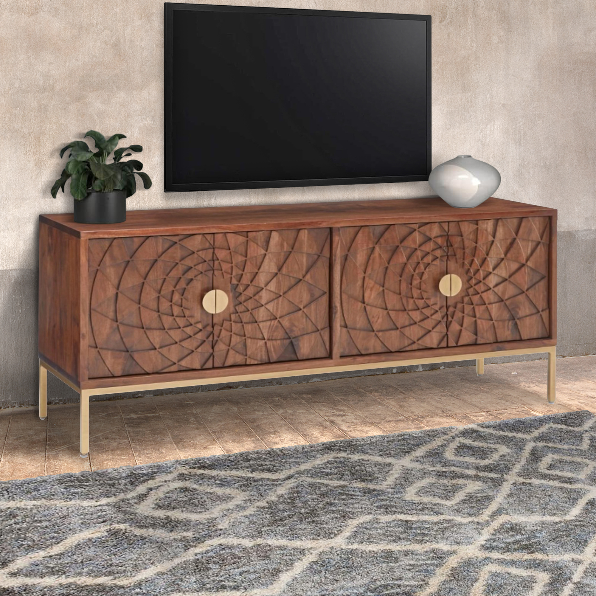 PORTA TV MOD. SBJ-07 CM 130X45 H.78 IN LEGNO DI ACACIA TINTA MIELE