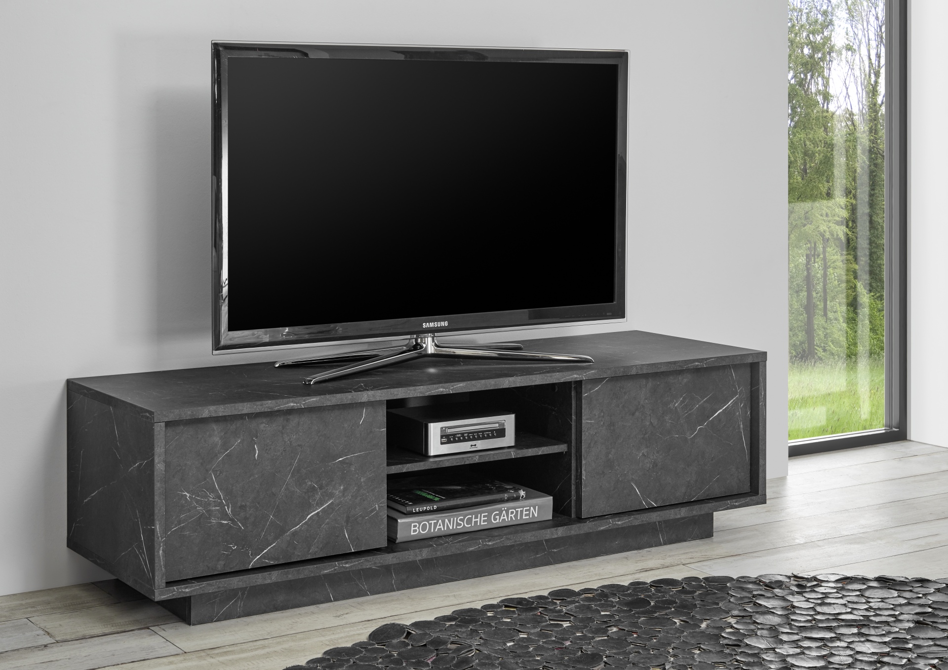 PORTA TV MOD. CARRARA CM 139X43 H. 44 EFFETTO MARMO NERO
