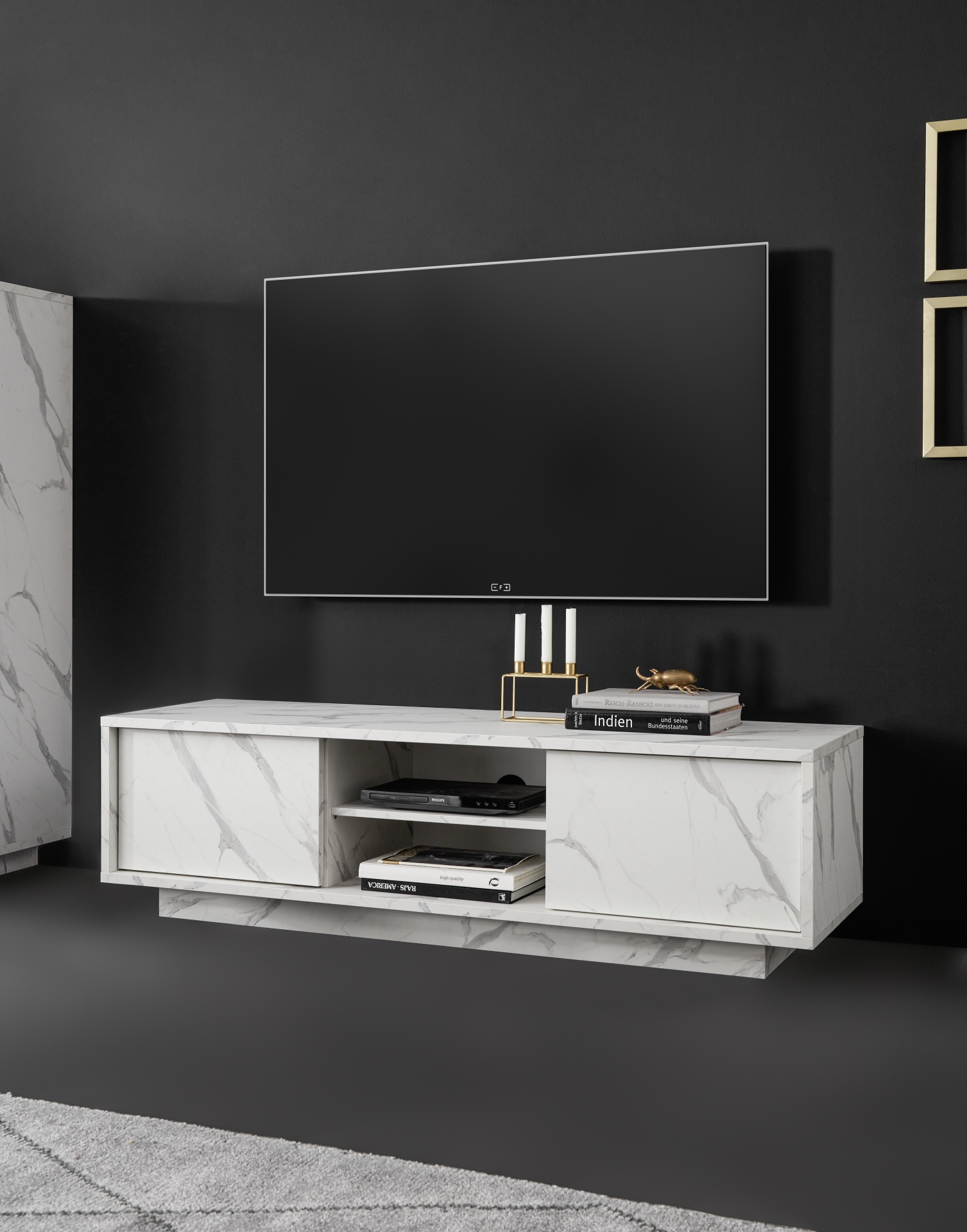 PORTA TV MOD. CARRARA CM 139X43 H. 44 EFFETTO MARMO BIANCO