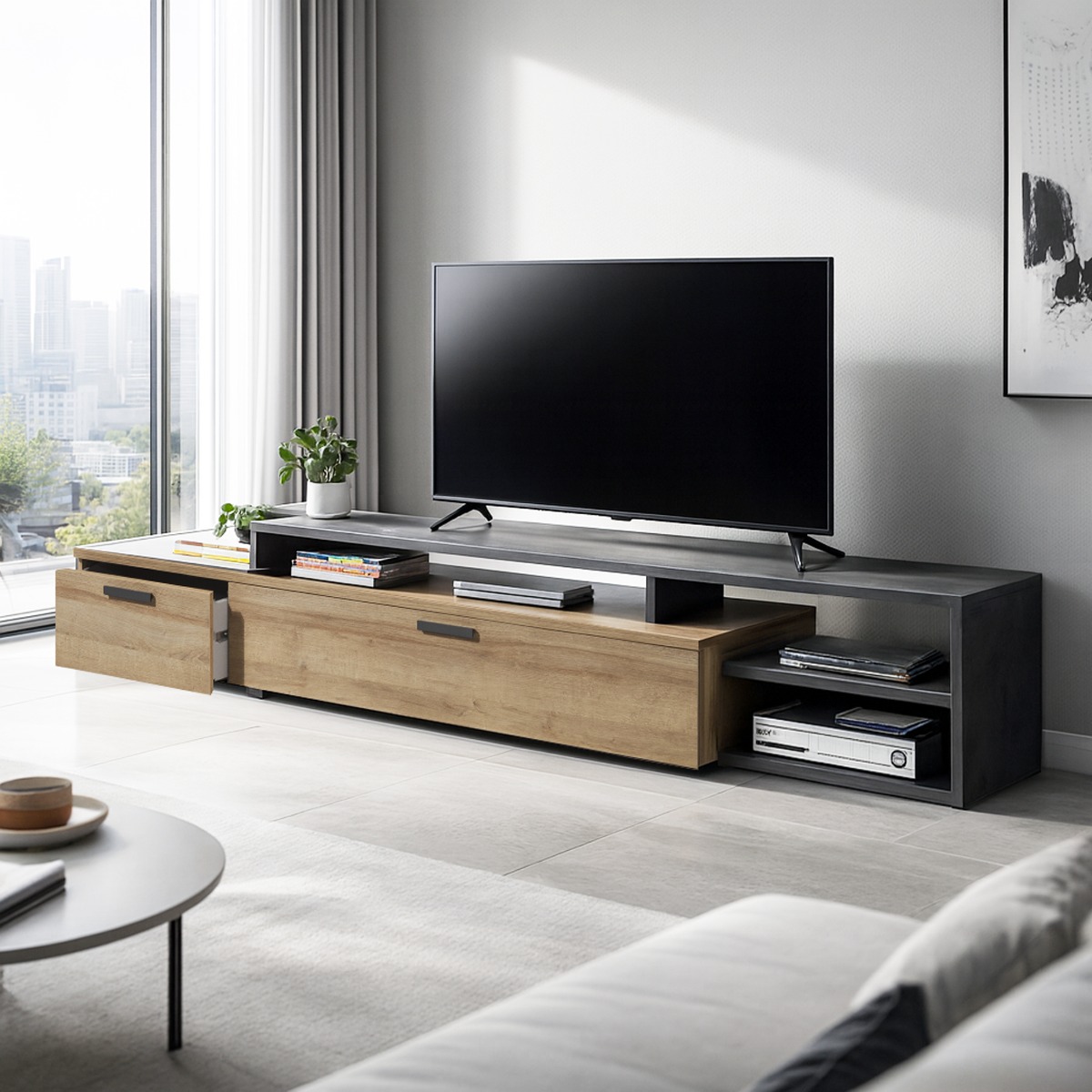 PORTA TV PANCHETTA MOD. VITTORIA CM 270.5X45 H. 44.9 NERO PORTLAND E RIVIERA OAK