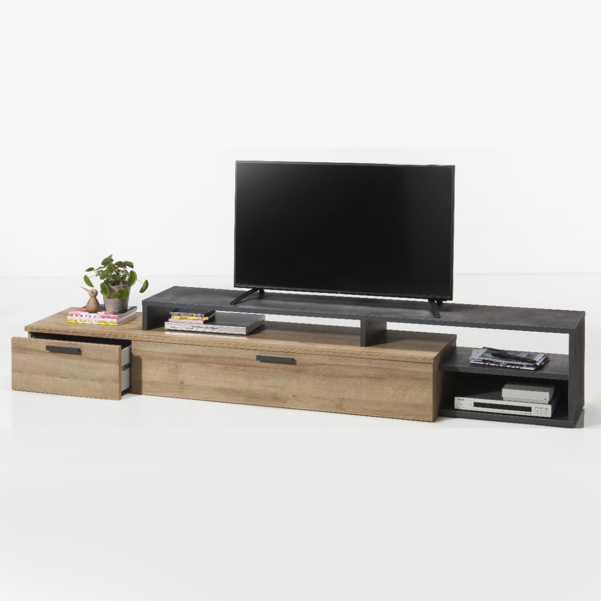 PORTA TV PANCHETTA MOD. VITTORIA CM 270.5X45 H. 44.9 NERO PORTLAND E RIVIERA OAK