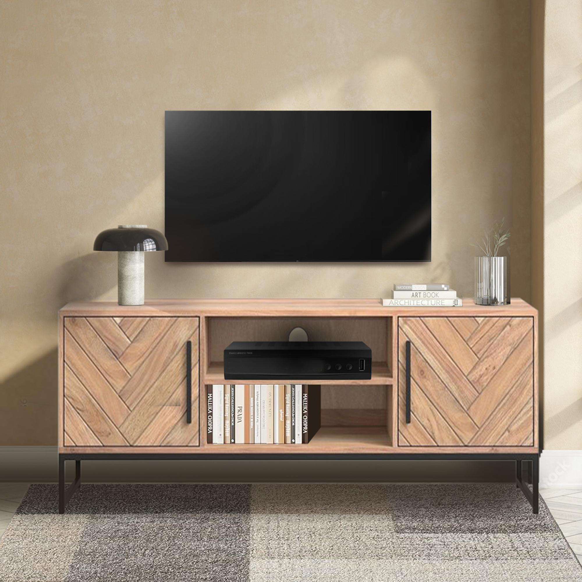 PORTA TV MOD. SPN-07 CM 135X40 H.50 IN LEGNO DI ACACIA NATURALE 