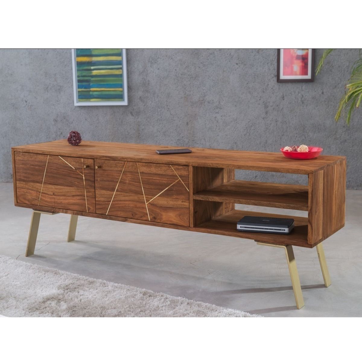 PORTA TV MOD. SDO-07 CM 145X35 H.45 IN LEGNO DI SHEESHAM TINTA STONE