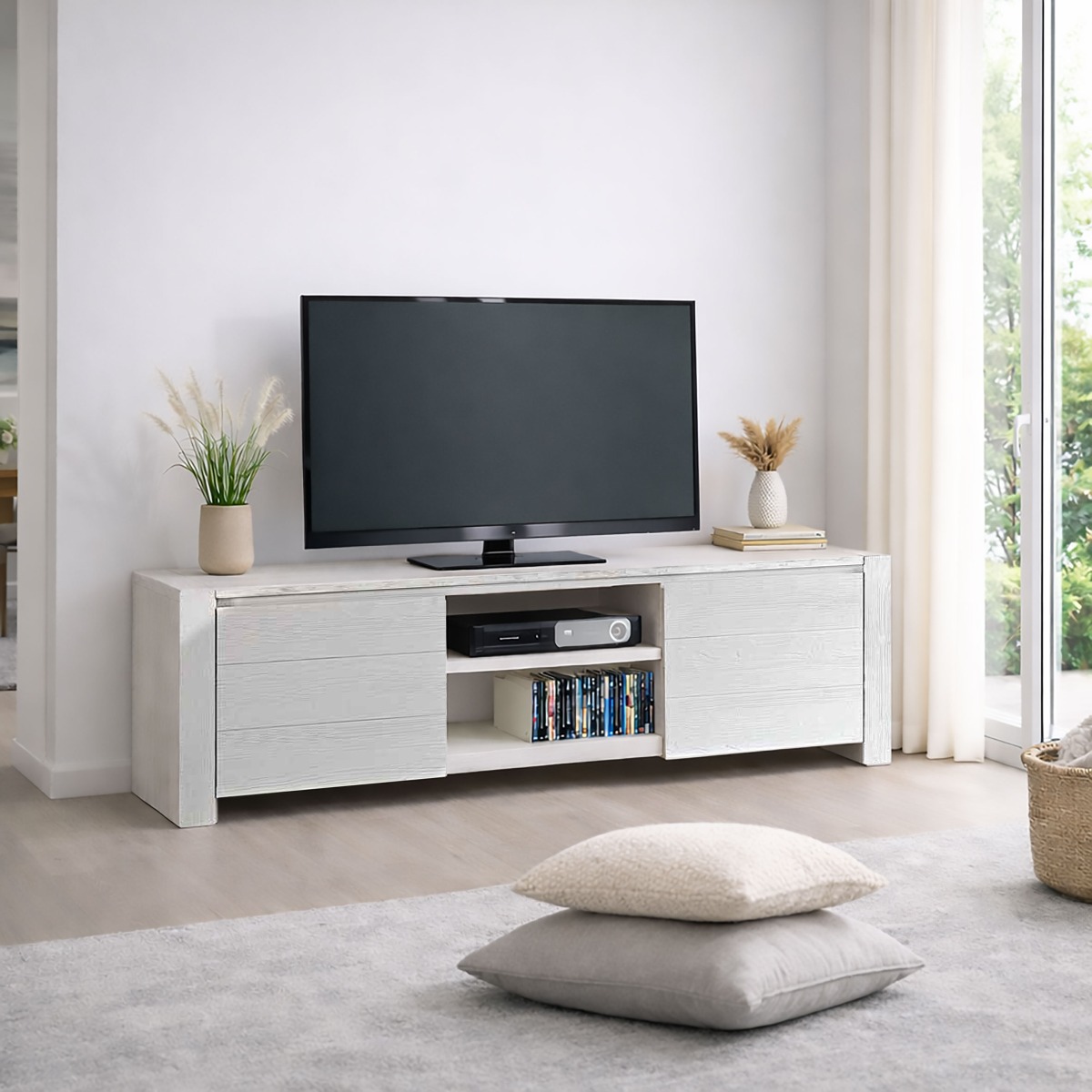 PORTA TV IN LEGNO DI ABETE CM 165X45 H. 55 BIANCO SPAZZOLATO