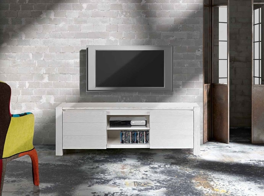 PORTA TV IN LEGNO DI ABETE CM 165X45 H. 55 BIANCO SPAZZOLATO