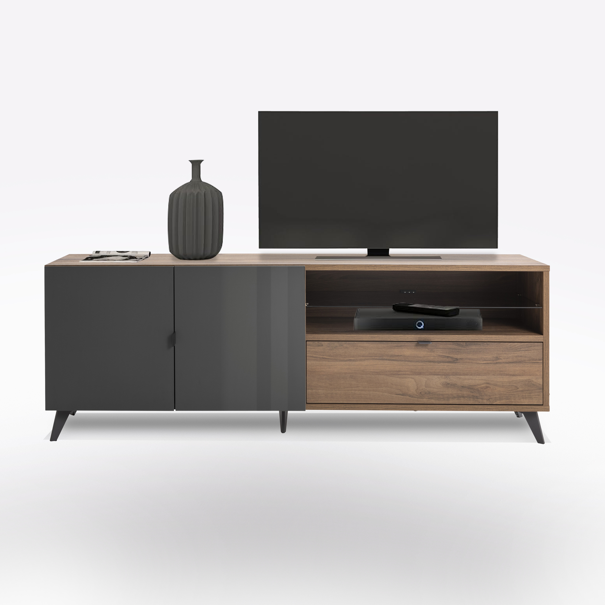 PORTA TV MOD. INFINITO CM 179.2X42.9 H. 64.6 NOCE BRERA E GRIGIO TITANIO LUCIDO