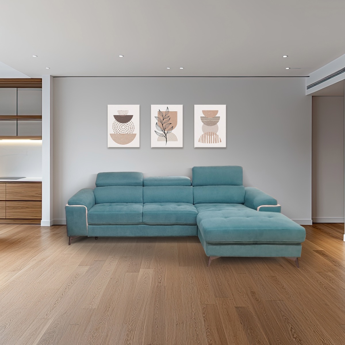 SALOTTO MOD. EROS CON CHAISE LONGUE DX IN TESSUTO TURCHESE
