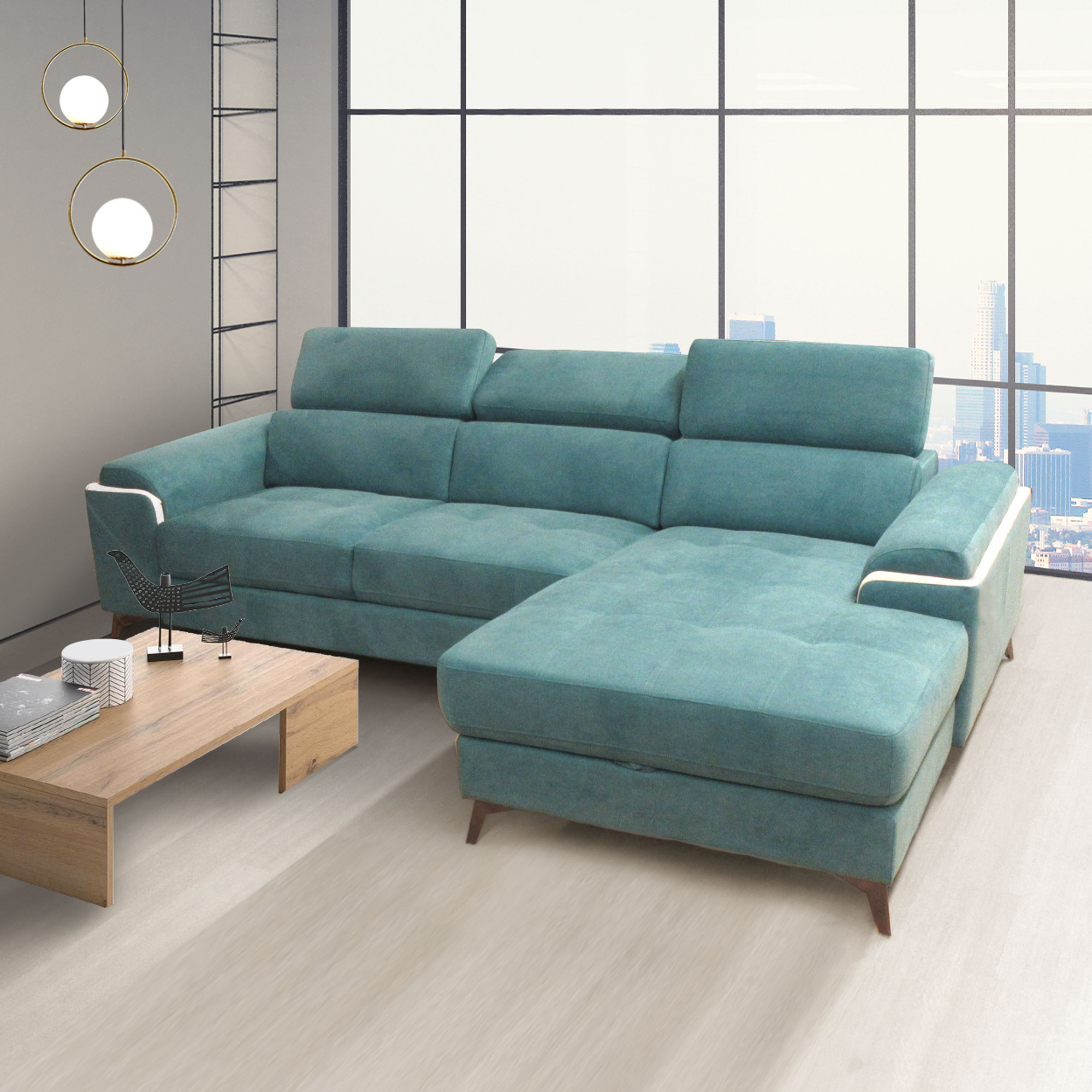 SALOTTO MOD. EROS CON CHAISE LONGUE DX IN TESSUTO TURCHESE
