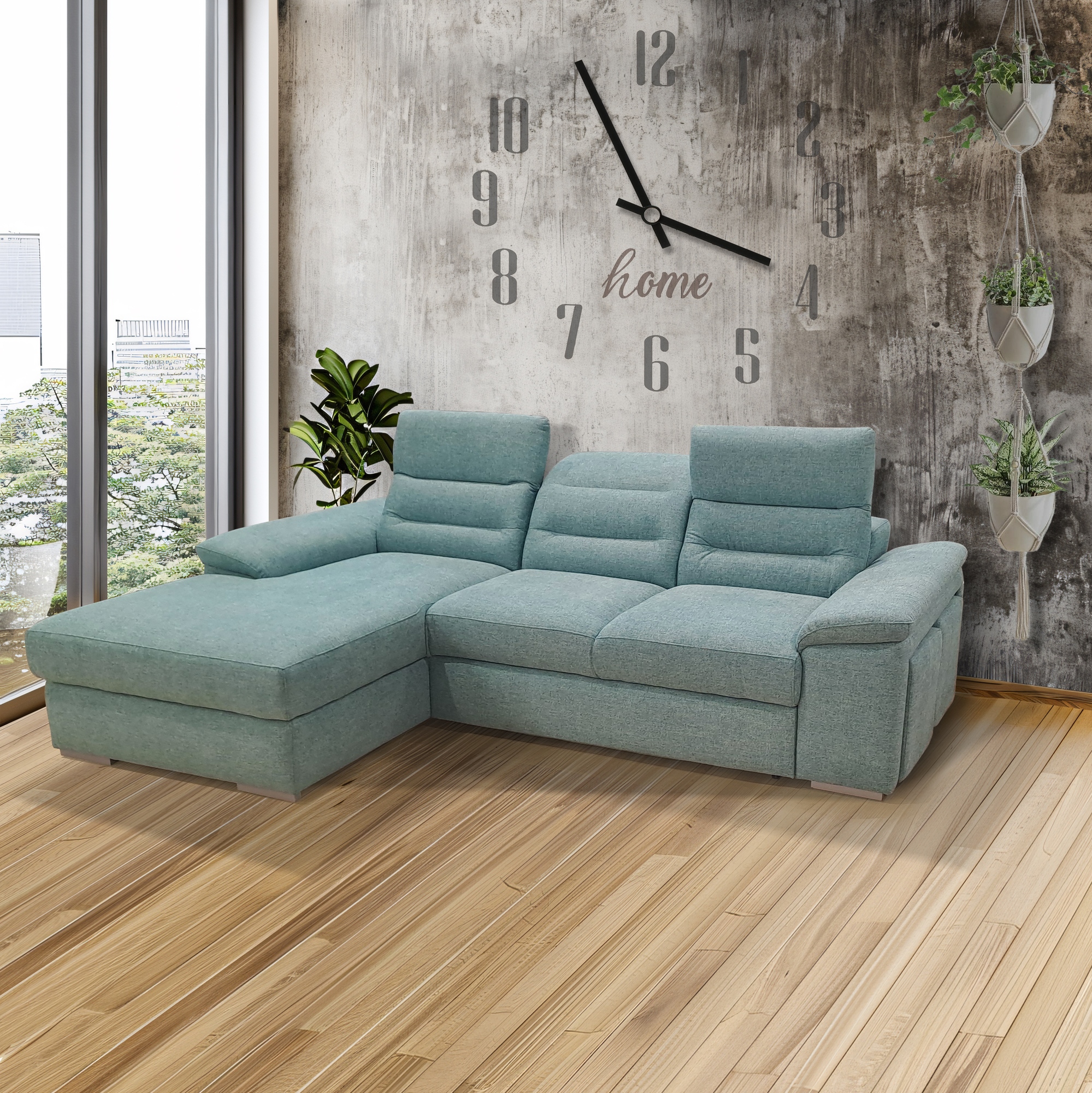 SALOTTO MOD. PHIL CON 2 POUFF E PENISOLA CONTENITORE SX IN TESSUTO ACQUA