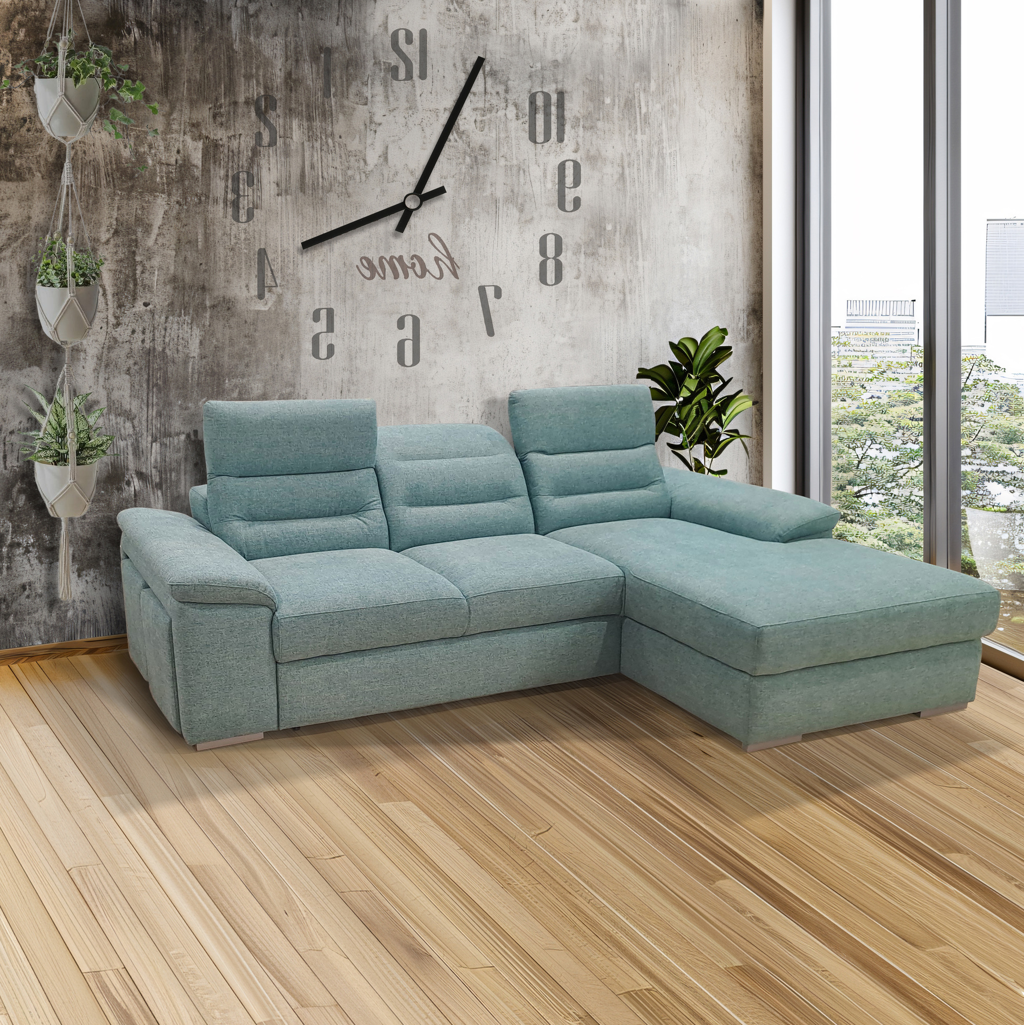 SALOTTO MOD. PHIL CON 2 POUFF E PENISOLA CONTENITORE DX IN TESSUTO ACQUA