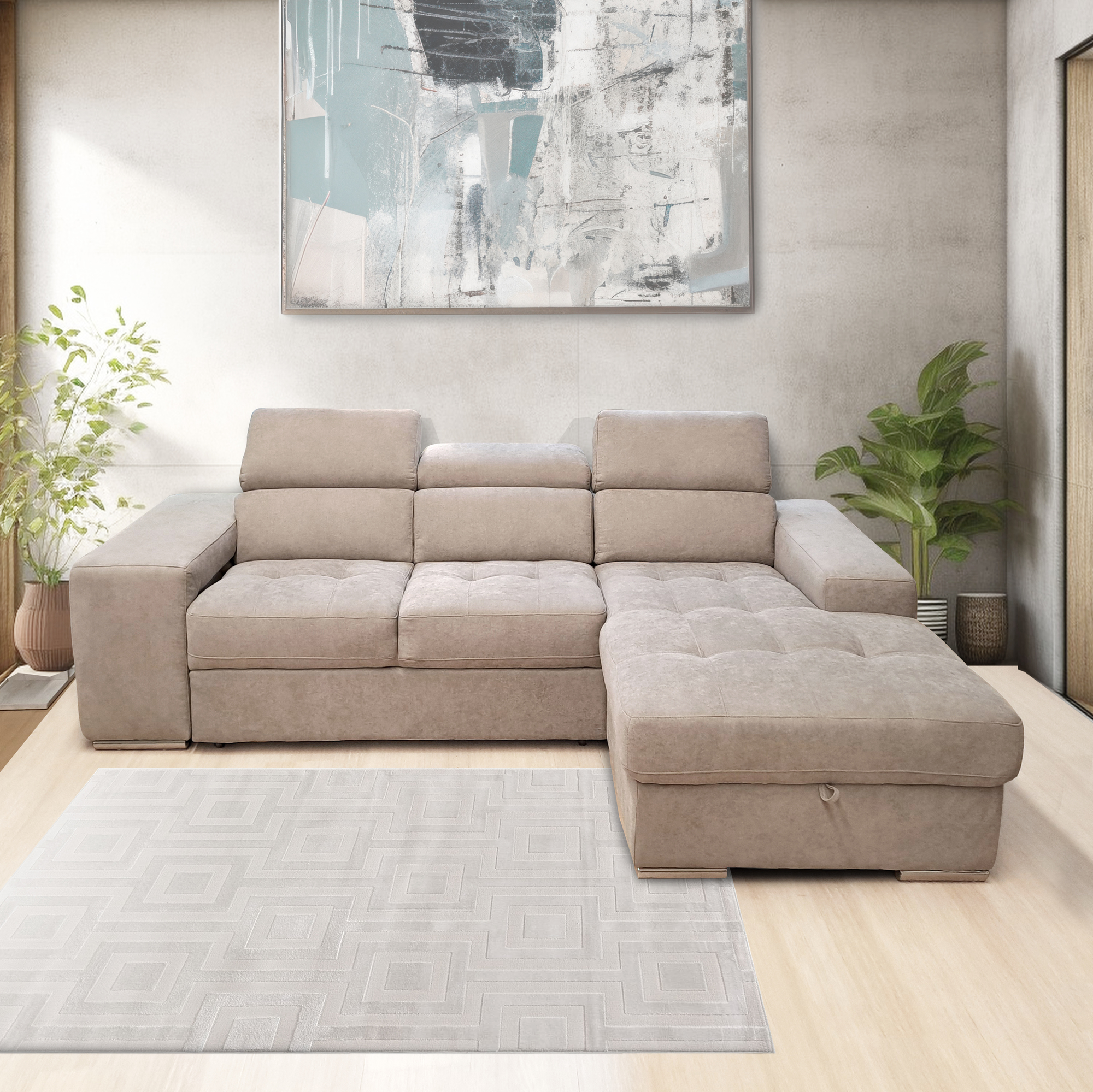 SALOTTO ANGOLARE MOD. SOFIA CON CHAISE LONGUE DX IN TESSUTO BEIGE