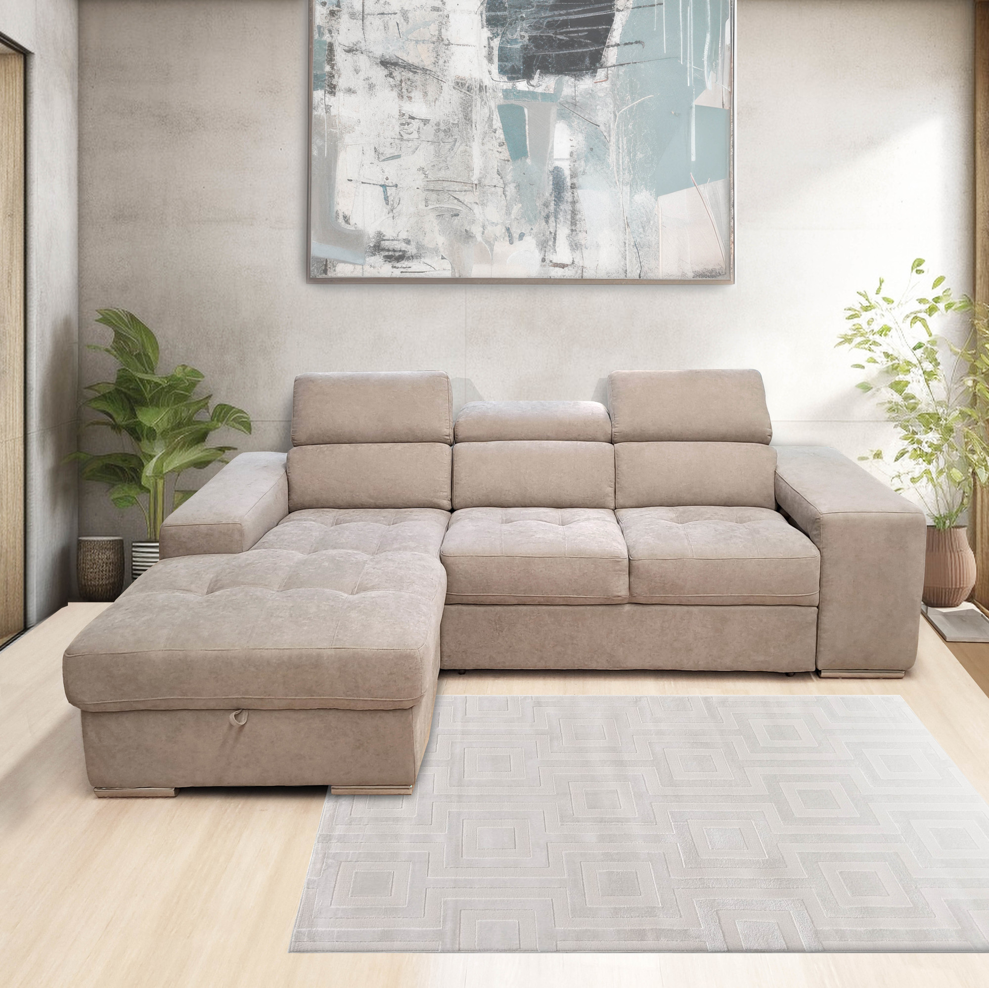 SALOTTO ANGOLARE MOD. SOFIA CON CHAISE LONGUE SX IN TESSUTO BEIGE