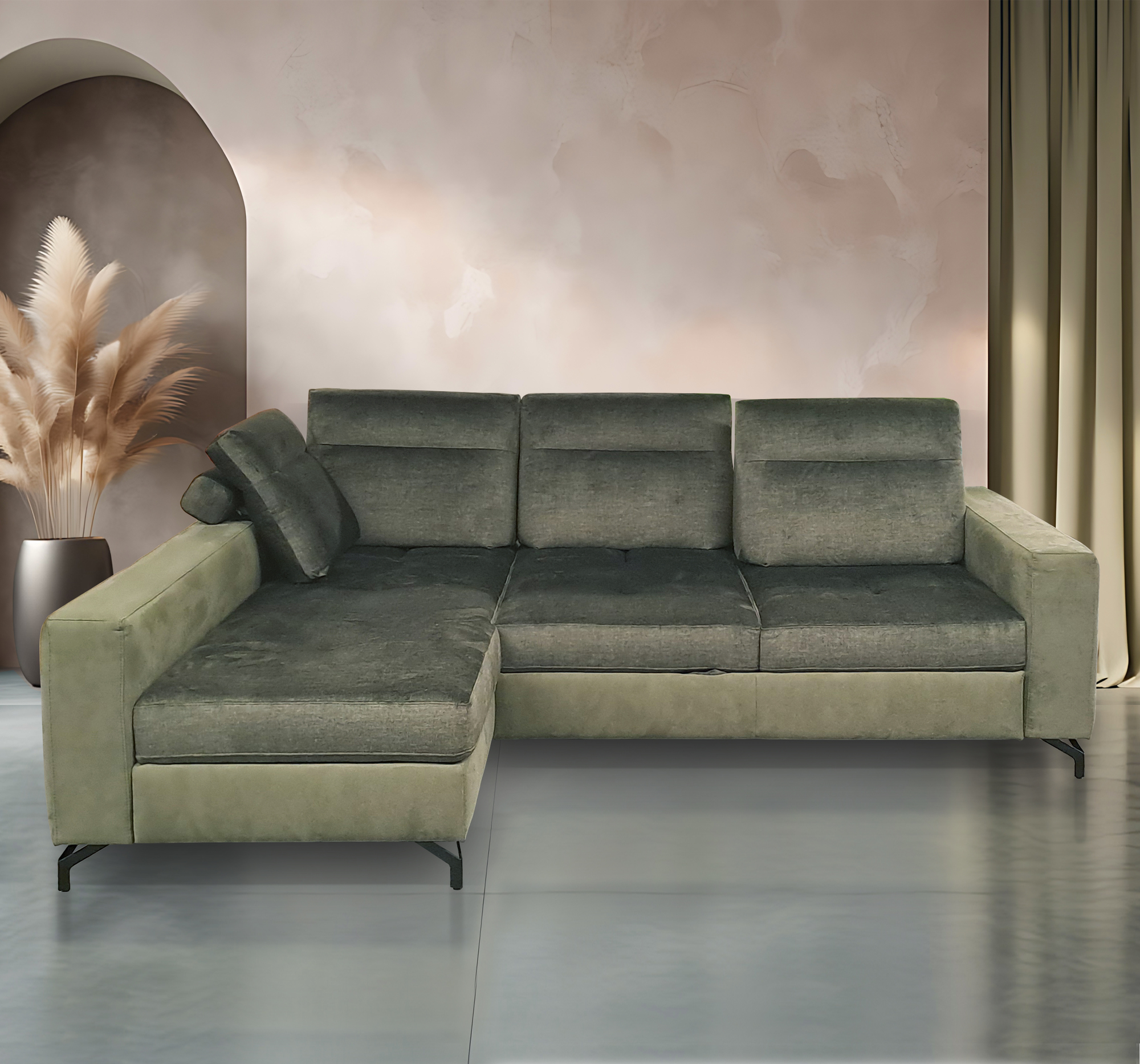 SALOTTO MOD. ITACA CON CHAISE LONGUE SX E SCHIENALI TRASLANTI IN TESSUTO VERDE 
