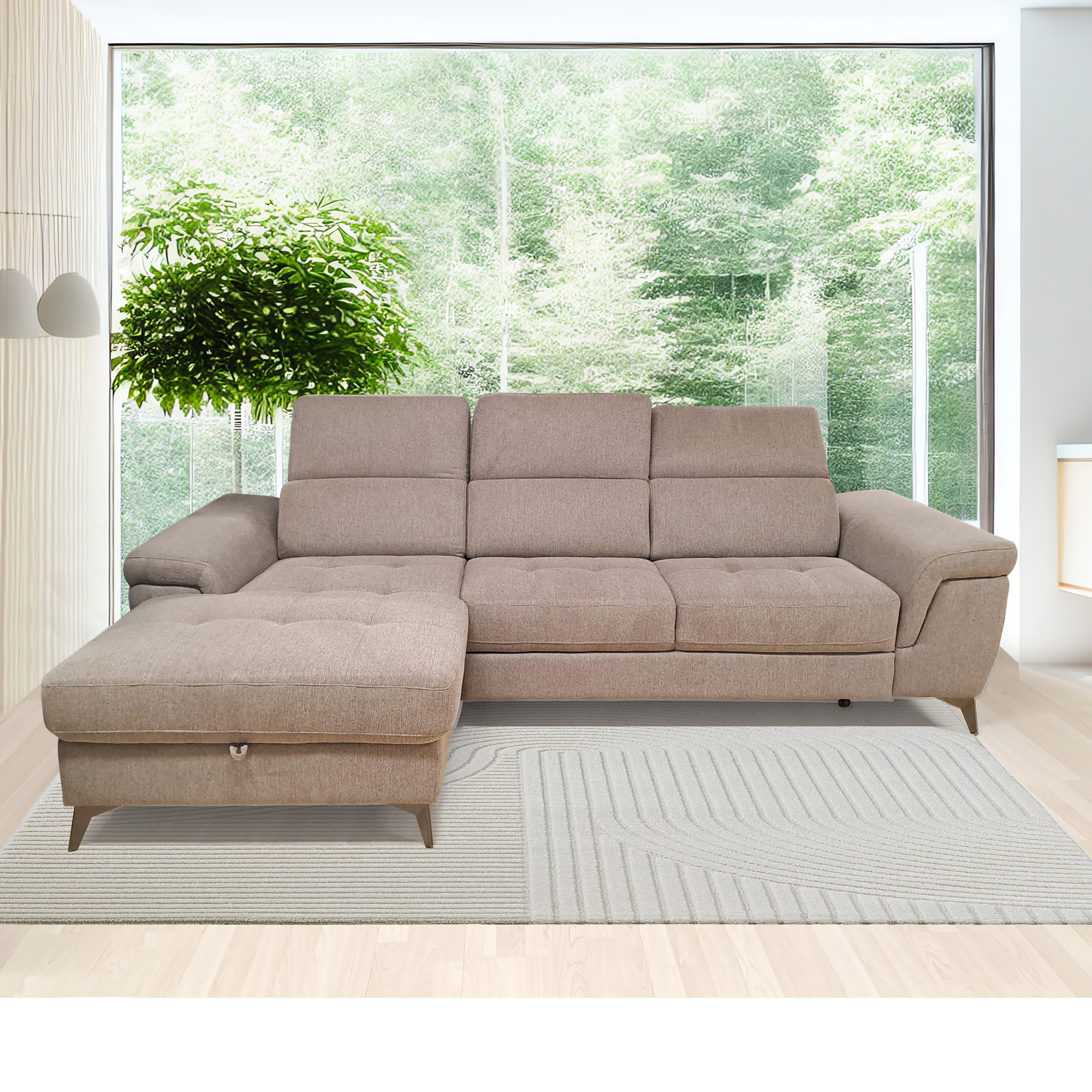 SALOTTO MOD. STELLA CHAISE LONGUE SX CON CARRELLO ESTRAIBILE IN TESSUTO TORTORA