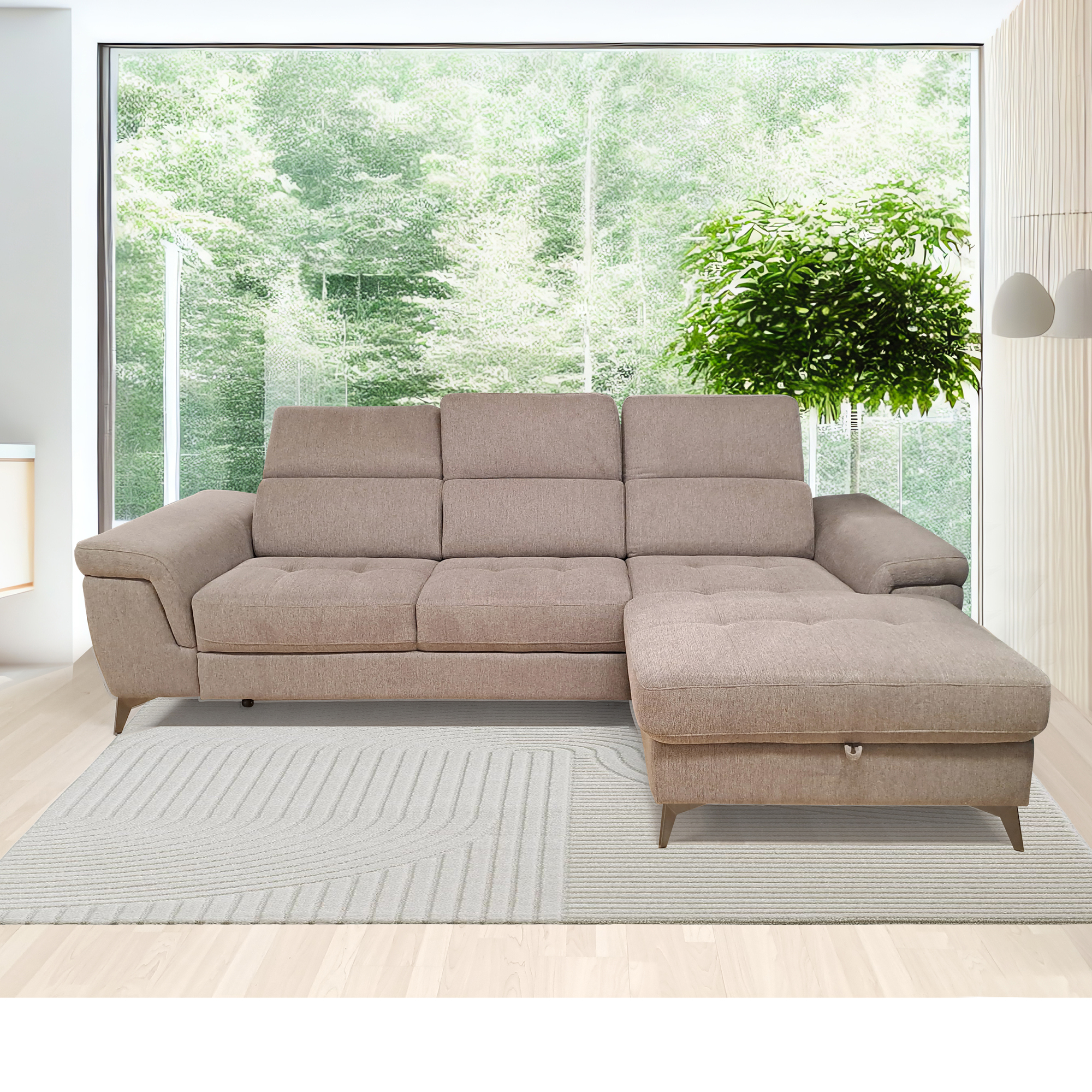 SALOTTO MOD. STELLA CHAISE LONGUE DX CON CARRELLO ESTRAIBILE IN TESSUTO TORTORA