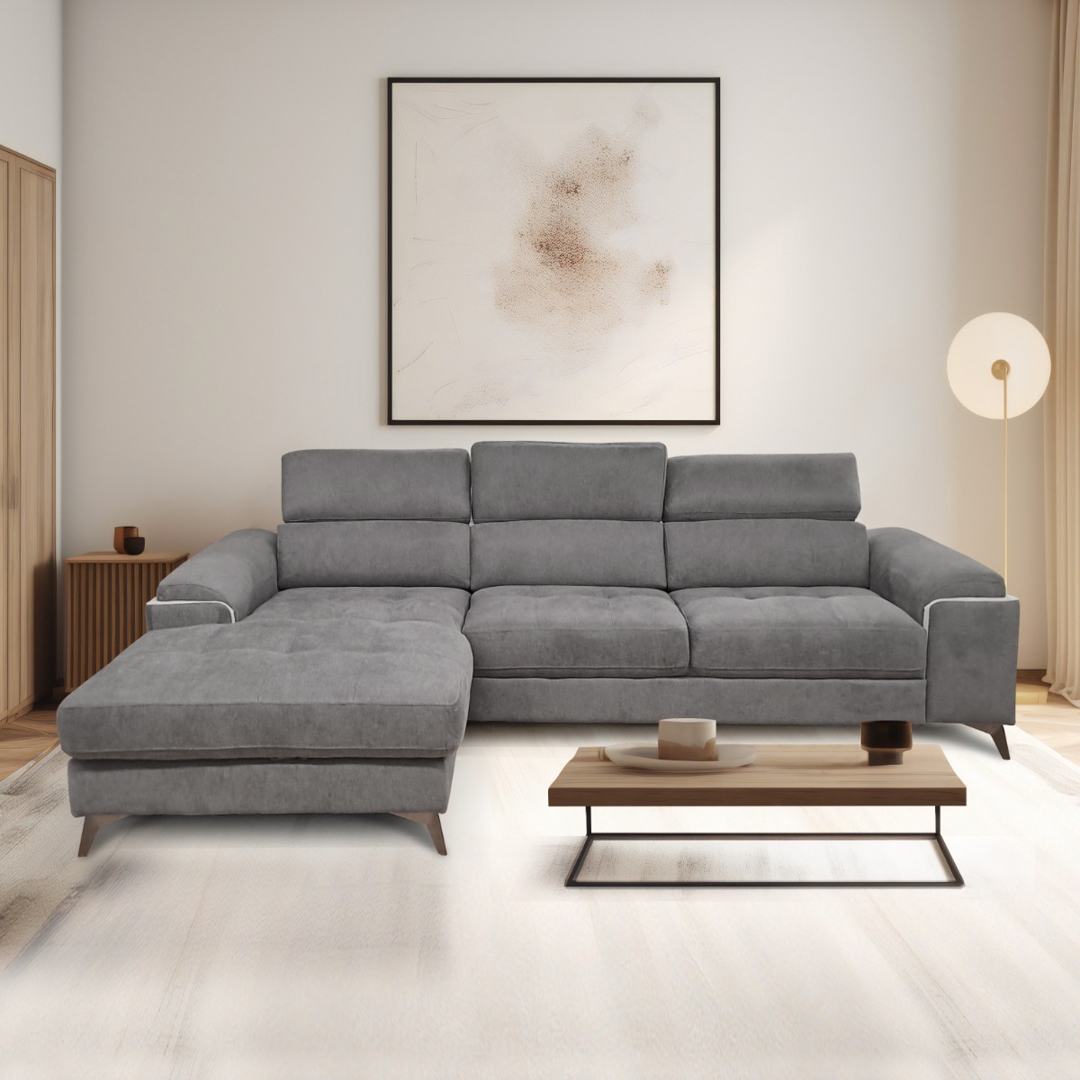 SALOTTO MOD. EROS CHAISE LONGUE SX CON CARRELLO ESTRAIBILE IN TESSUTO GRIGIO 