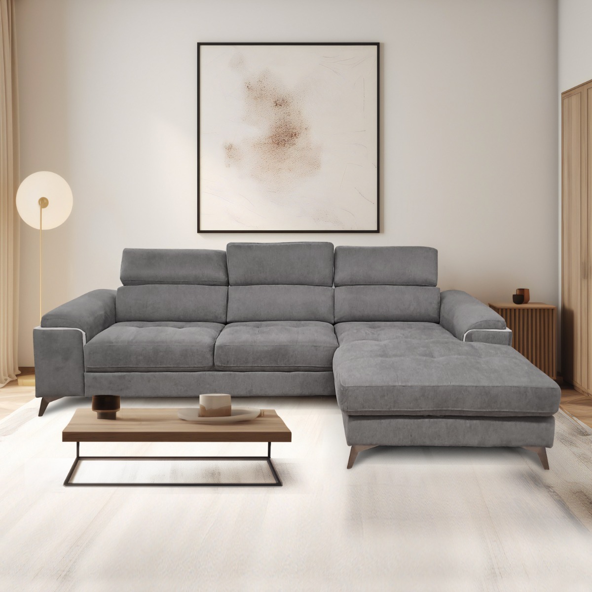 SALOTTO MOD. EROS CHAISE LONGUE DX CON CARRELLO ESTRAIBILE IN TESSUTO GRIGIO