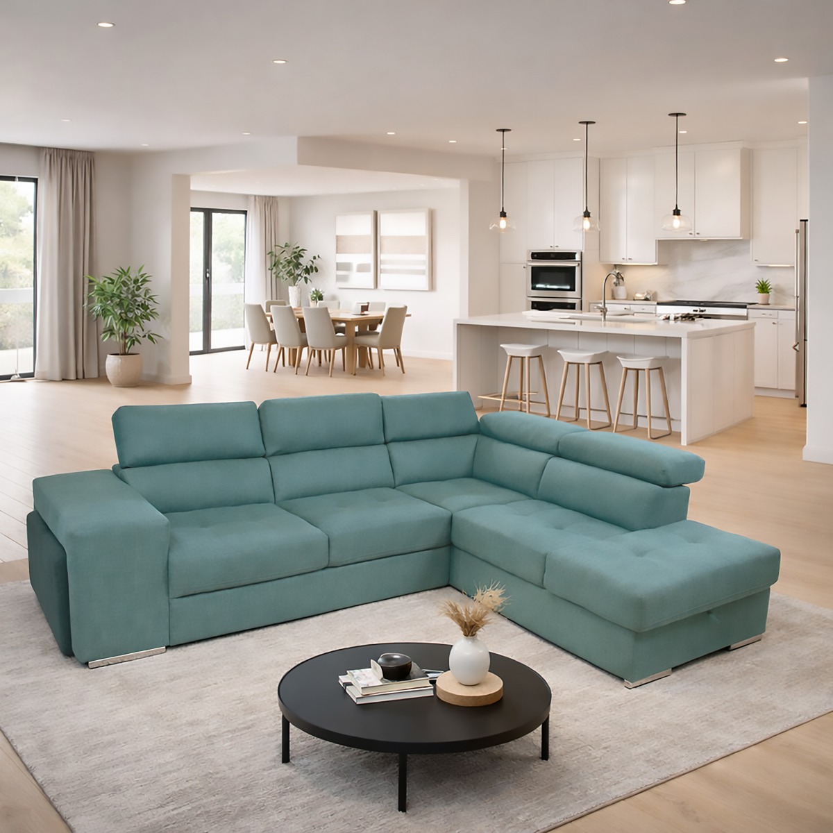 SALOTTO MOD. SOFIA CON ANGOLO CONTENITORE DX IN TESSUTO VERDE CHIARO E VERDE SCURO