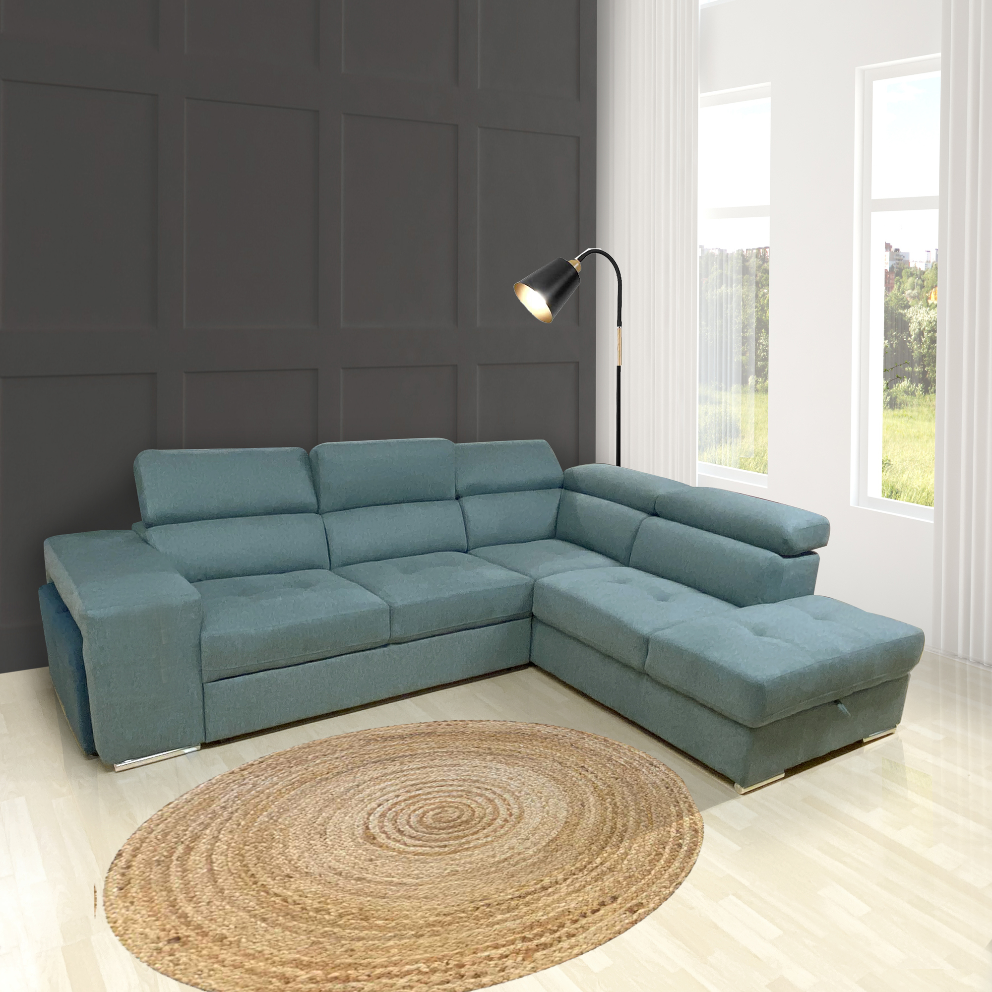SALOTTO MOD. SOFIA CON ANGOLO CONTENITORE DX IN TESSUTO VERDE CHIARO E VERDE SCURO