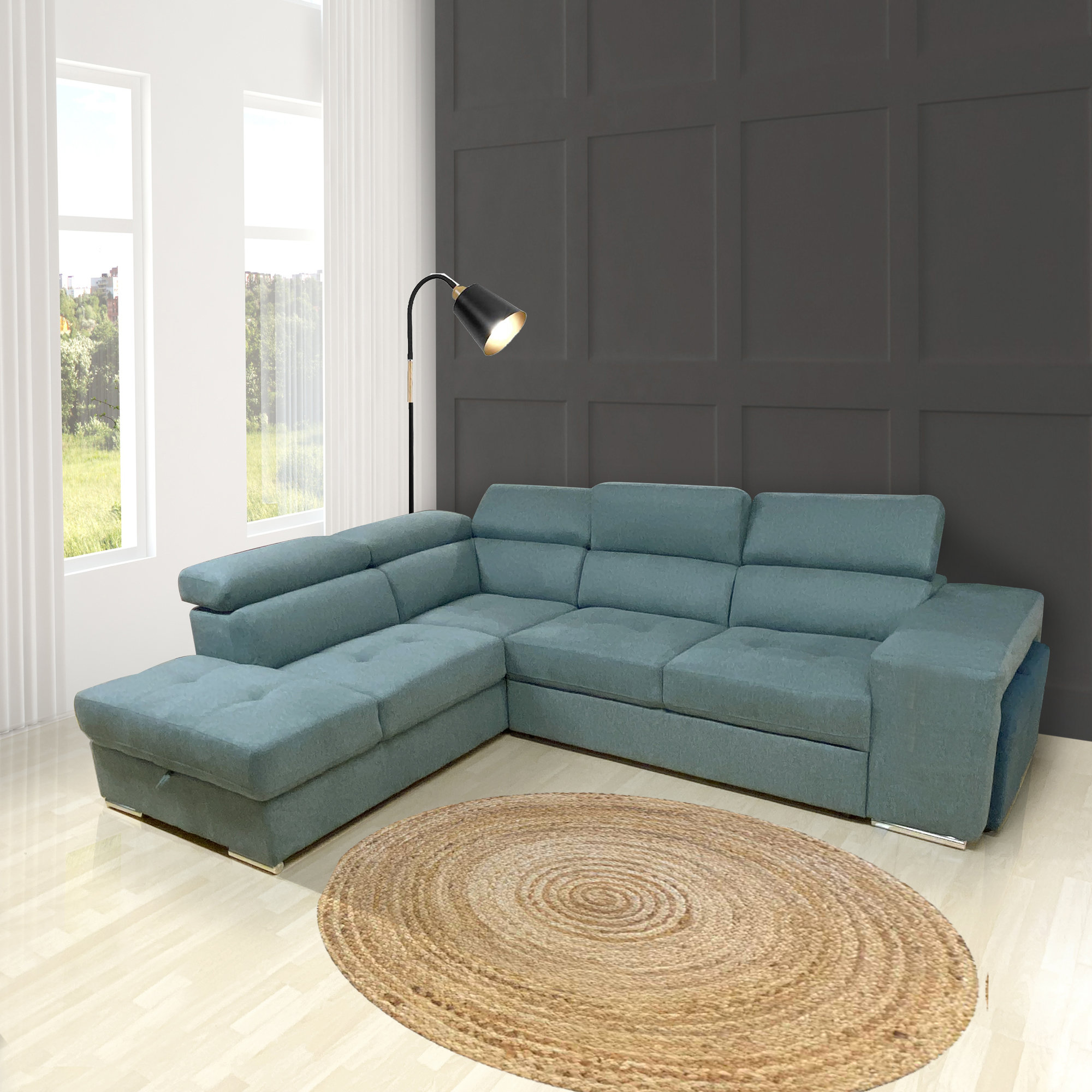 SALOTTO MOD. SOFIA CON ANGOLO CONTENITORE SX IN TESSUTO VERDE CHIARO E VERDE SCURO