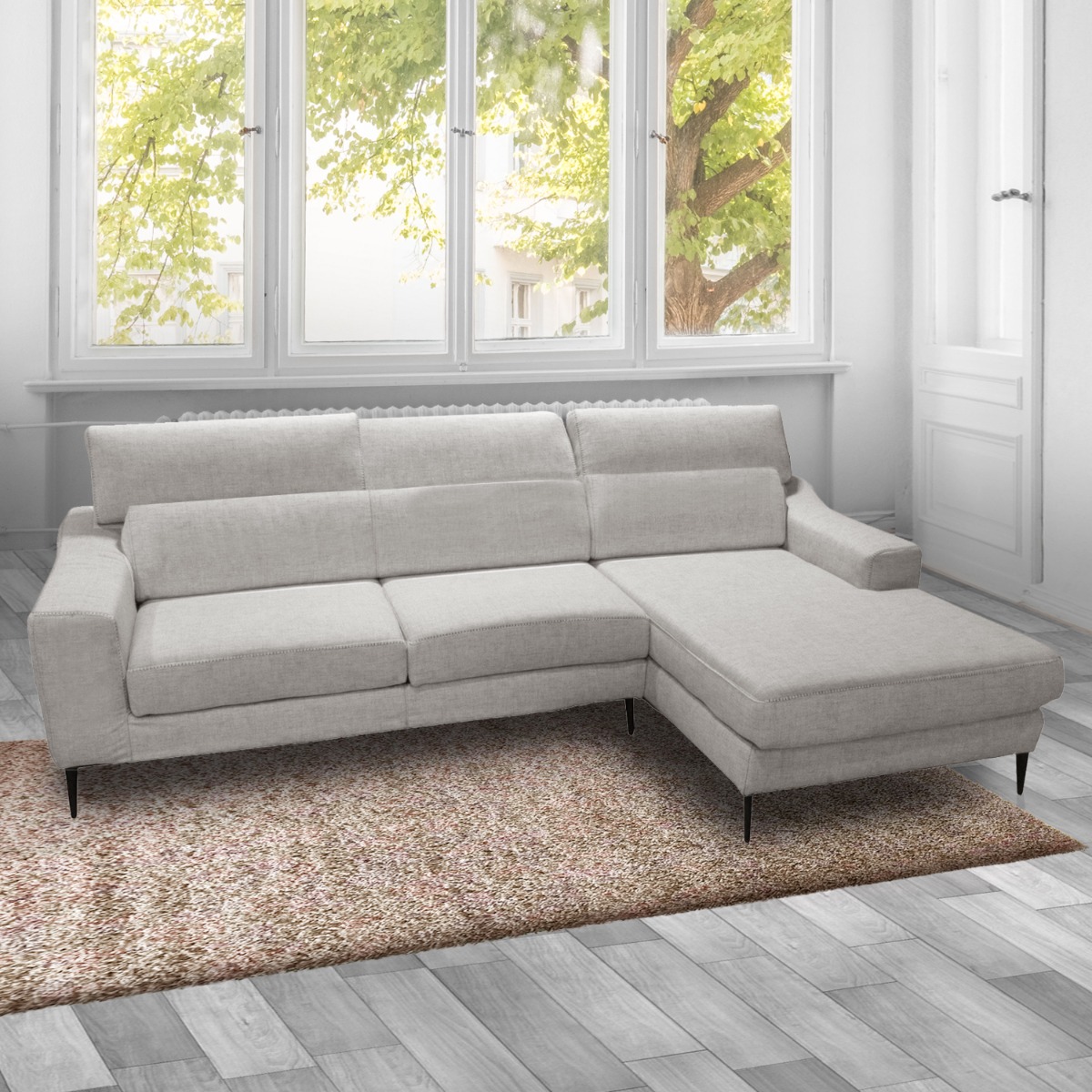 SALOTTO MOD. WINSON CON PENISOLA DX E SEDUTE ESTRAIBILI IN TESSUTO SILVER