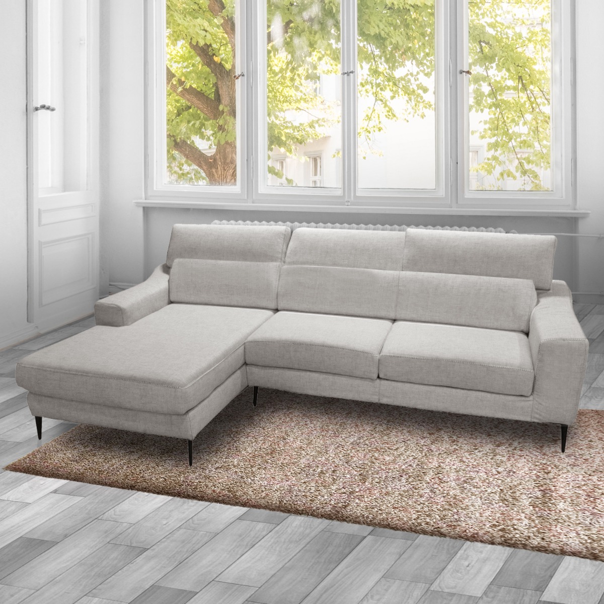 SALOTTO MOD. WINSON CON PENISOLA SX E SEDUTE ESTRAIBILI IN TESSUTO SILVER