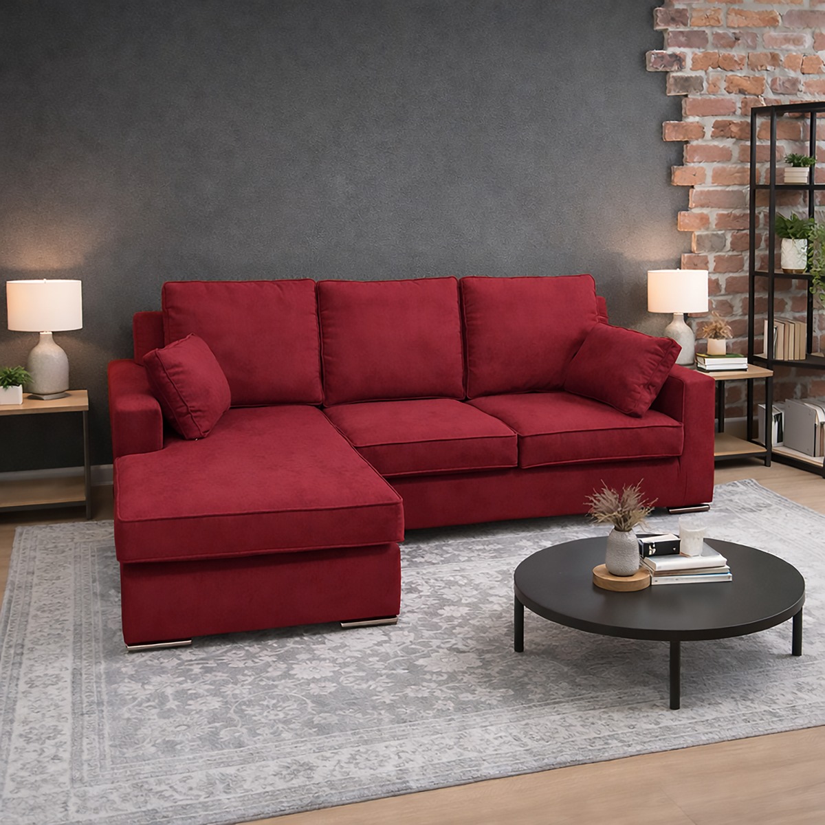 SALOTTO MOD. HELEN CON PENISOLA IN TESSUTO BORDEAUX